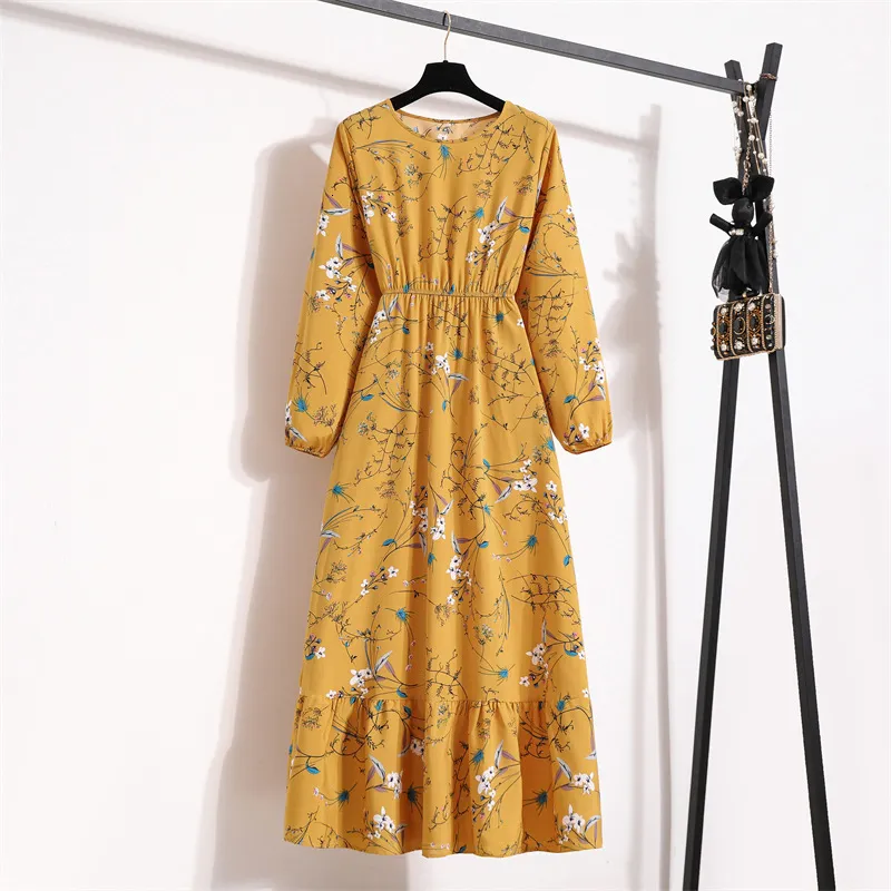 Bloemenprint zwarte maxi lange jurk dames v nek lange mouw vintage winterjurk elegante dames kantoorjurk Vestidos 210415