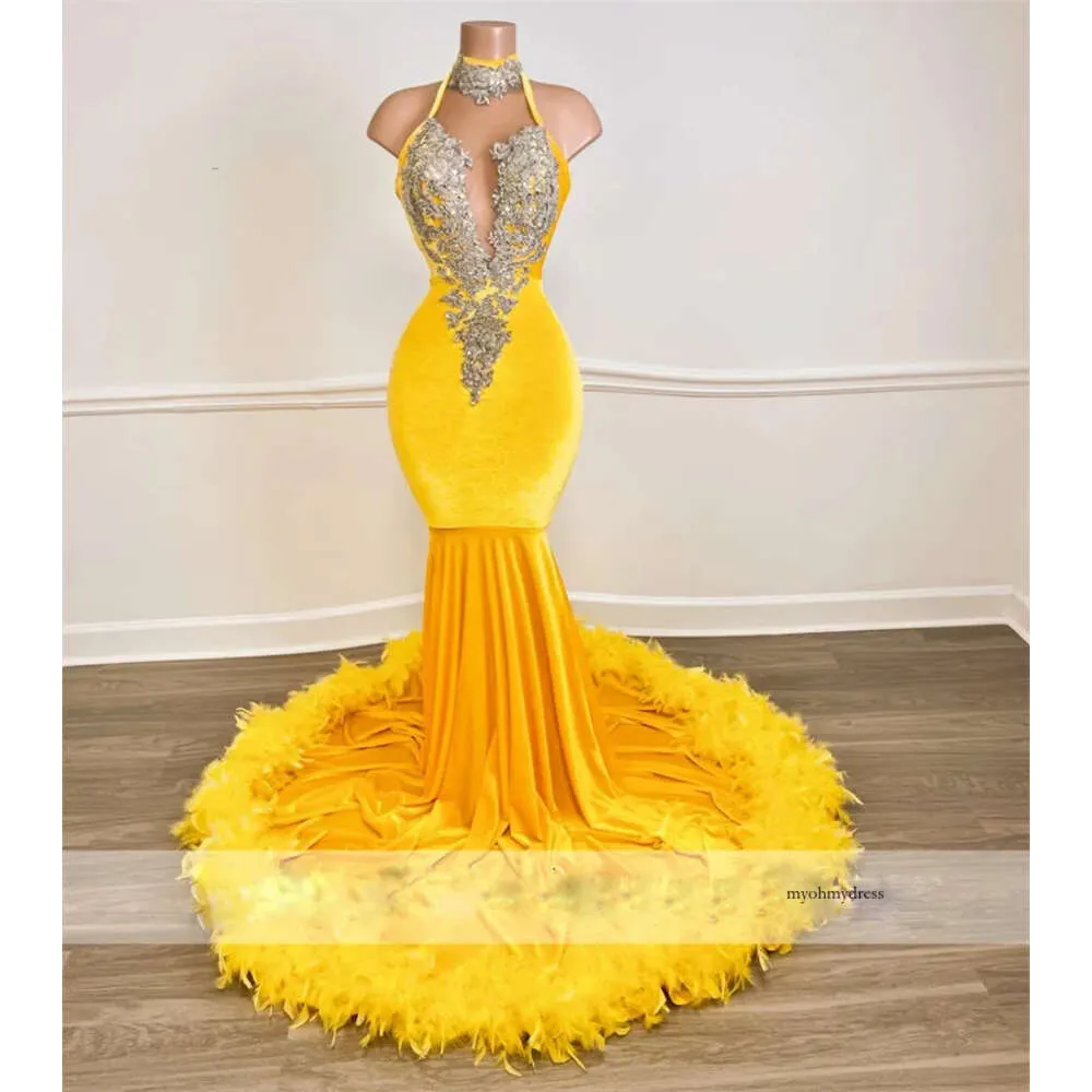 Velvet Crystal Beaded Feather Yellow Prom Dresses 2023 For Black Girls ...