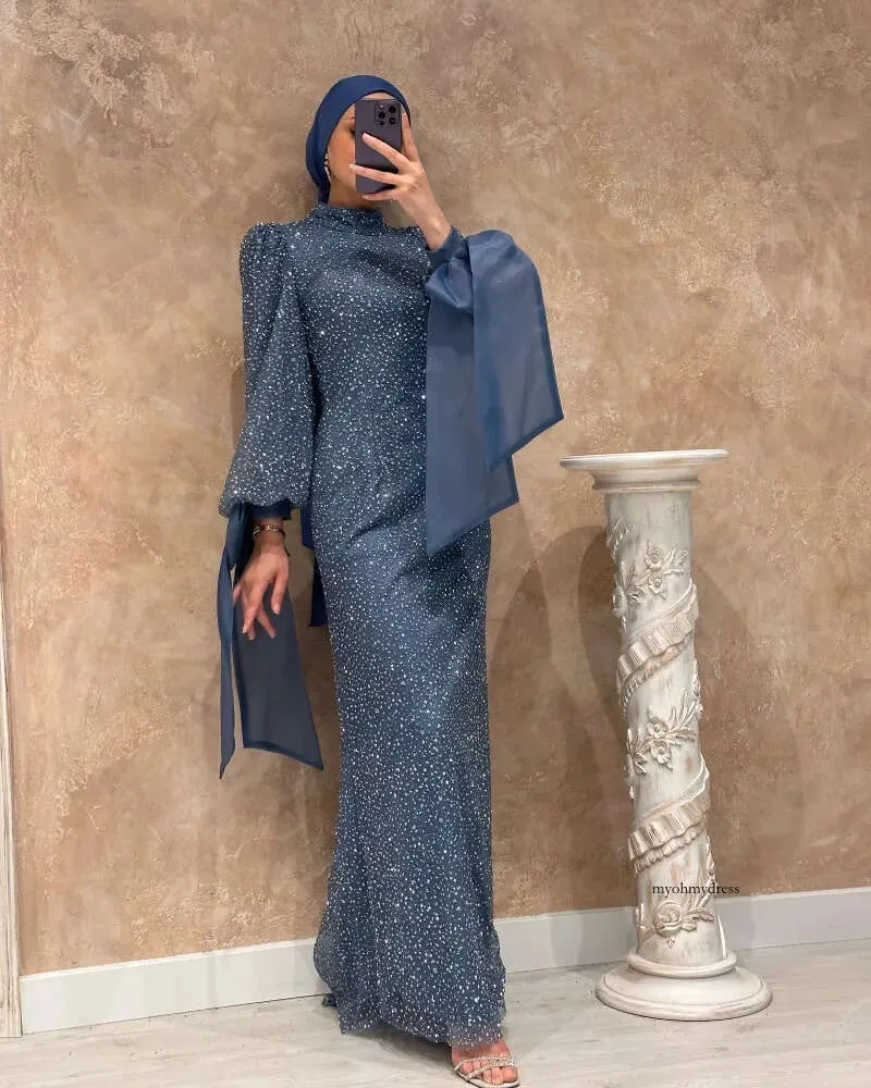 Brokat proste muzułmańskie sukienki wieczorowe Wysokie szyję długie rękaw Kafan Suknia balowa z Hib Bow Tie Mankiet Arabic Dubai Formal Wear 0516