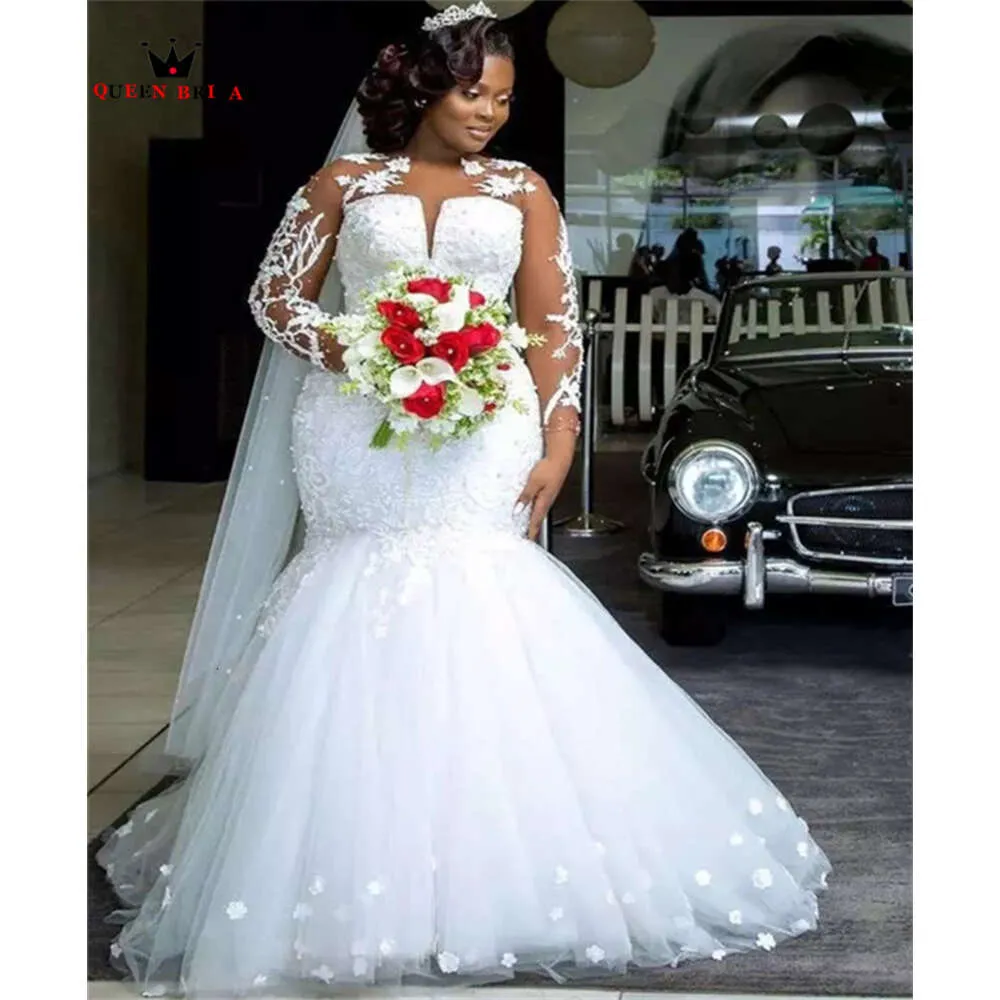 Sexig sjöjungfru lång ärm bröllopsklänningar tyll spetsblommor formella kvinnliga brudklänningar anpassad storlek SK48