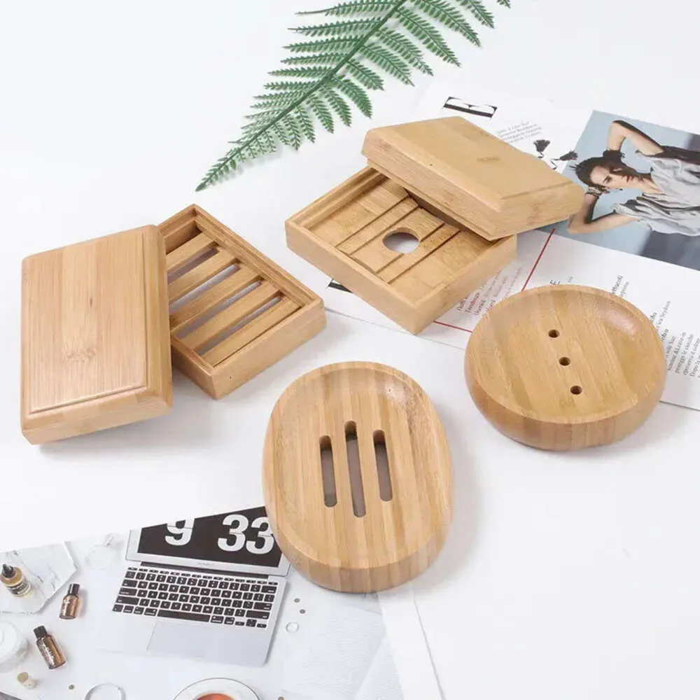 Bambu maträttar enkelt trä naturligt tvålhållare rackplatta bricka runda fyrkantiga container es