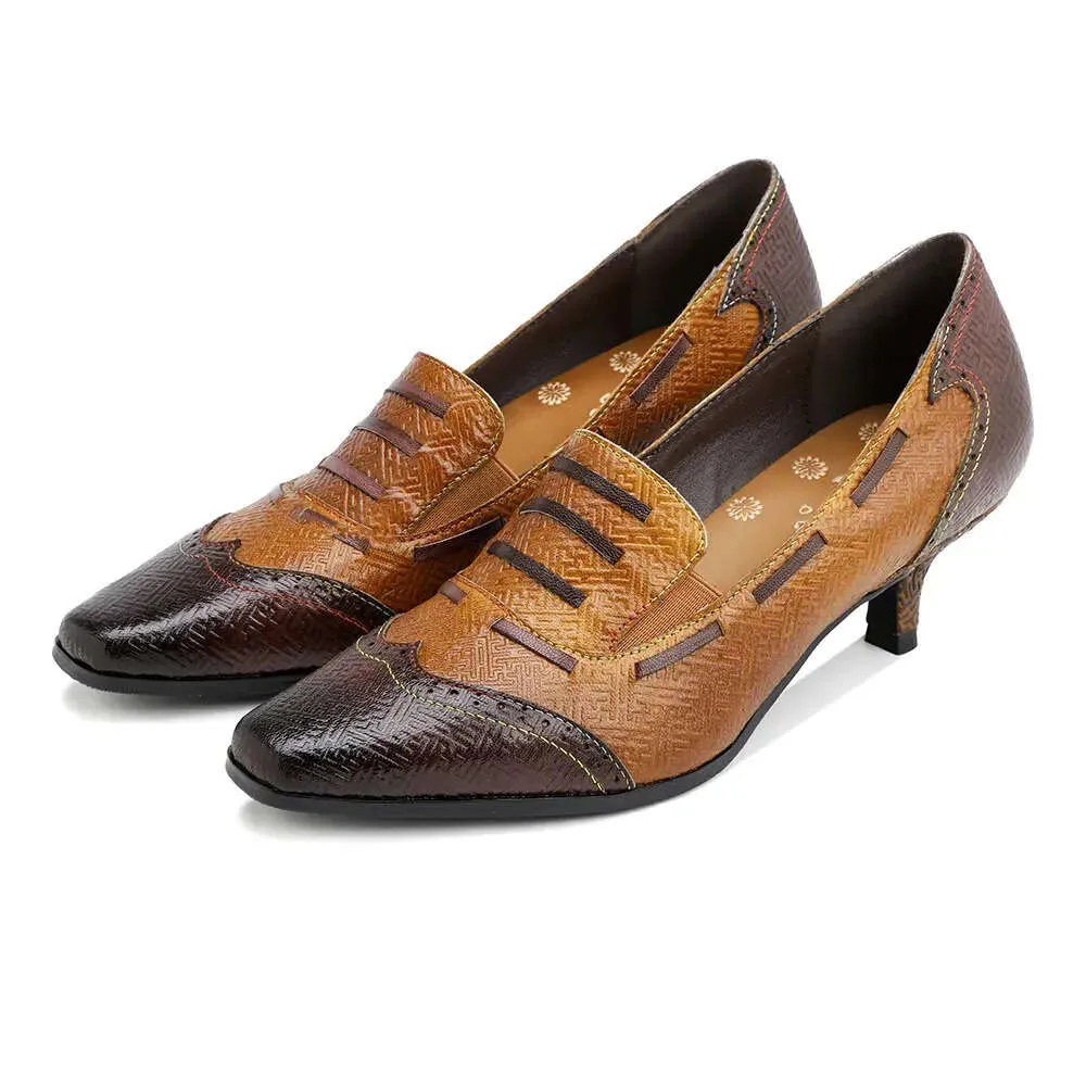 Novo 2024 Leather Women Bohemia bombas Sapatos de vestido 4,5 cm saltos grossos Mary Jane Metal Fuckle Mix Color Almond Fueldedd fundo fundo da primavera Sandálias retrô tamanho 34-42 9fd4