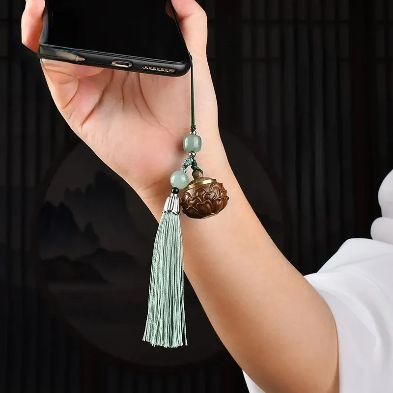 Green Sandalwood Chinese Lotus Sachet Pendant Mobile Phone Chain Pendant Antique Cheongsam Fragrant Pills Hollow Tassel