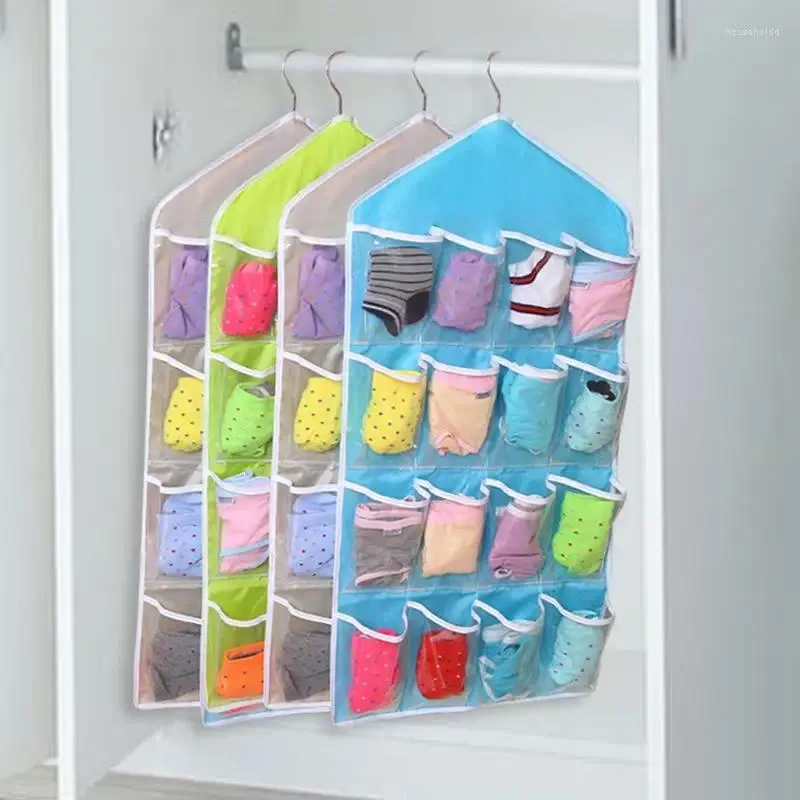 Storage Bags 16 Grid Pockets Wardrobe Hanging Organizer Socks Bra Underwear Clear Rack Hanger Bag Saving Space Dropship