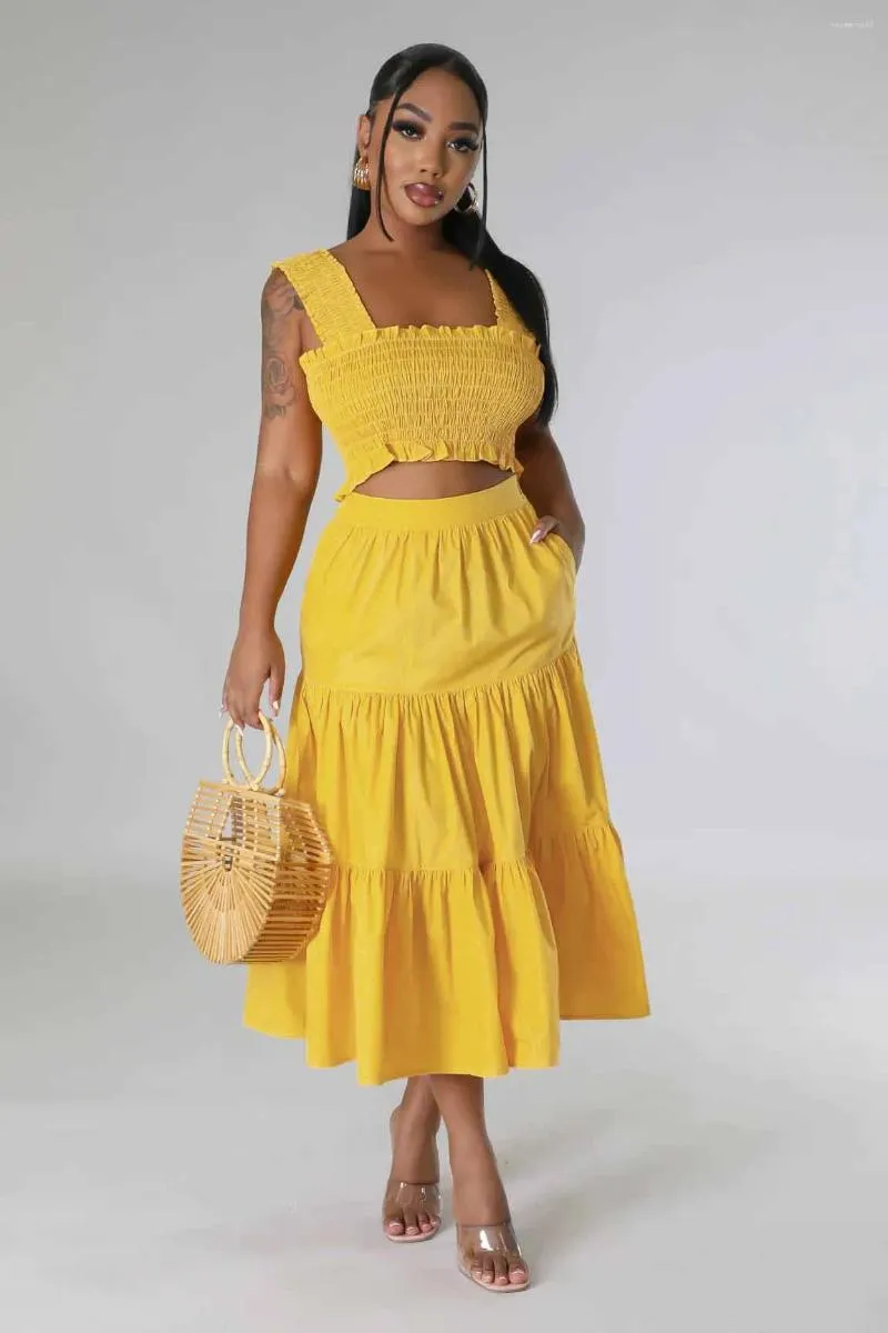 Work Dresses Summer Elegant Off The Shoulder Ruffled Suspenders Top And Long Skirt Solid Color Two-piece Set Women Beach Bohemian Holidy