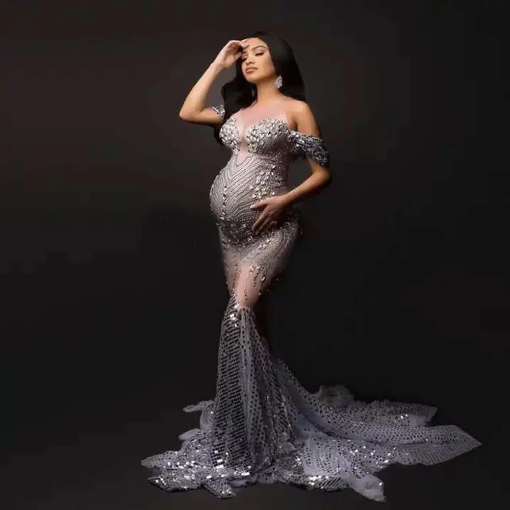 2024 New Arrivals Elegant Shiny Rhinestones Off Shoulder Maternity Sequin  Fishtail Dress from Dhgate Maternity Dresses - price 314.39