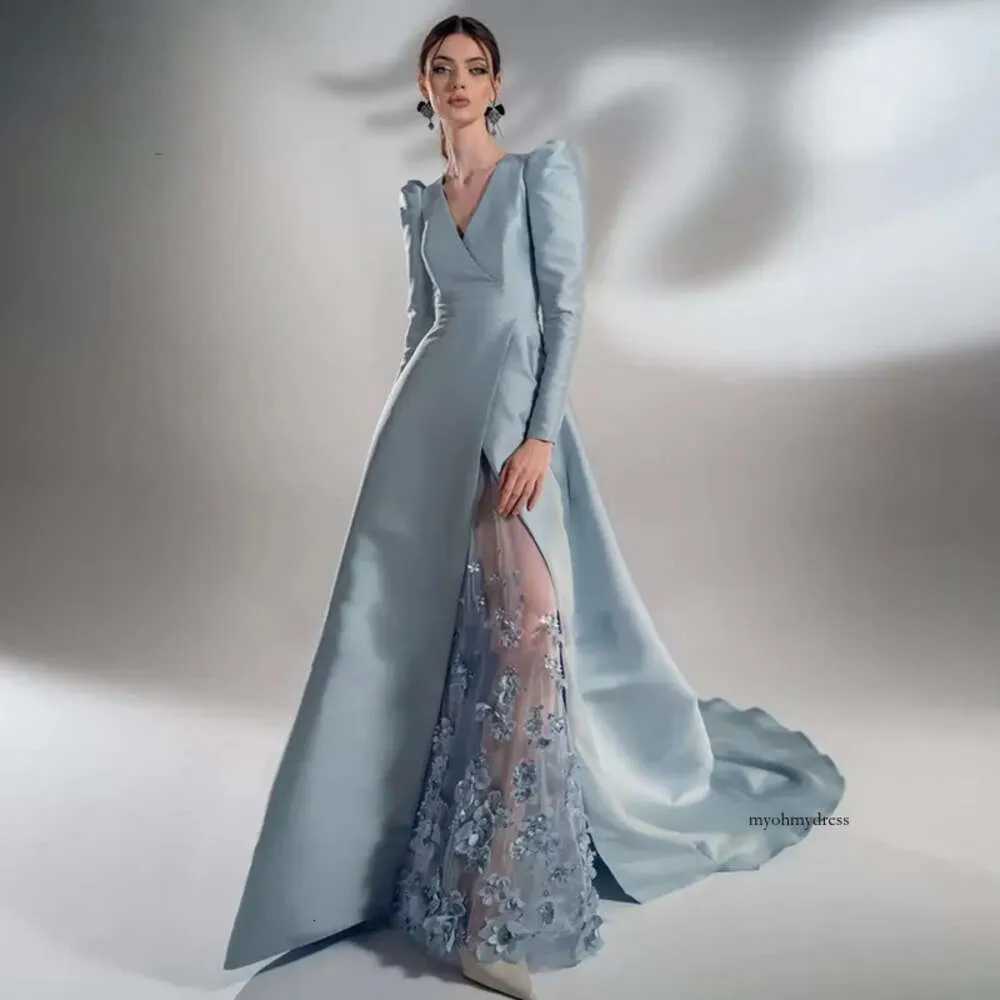 Satin Empire A-Line Evening Dress with High Side Split and V-Neck 3/4  Illusion Sleeves Formal Prom Gown from Dhgate Evening Dresses