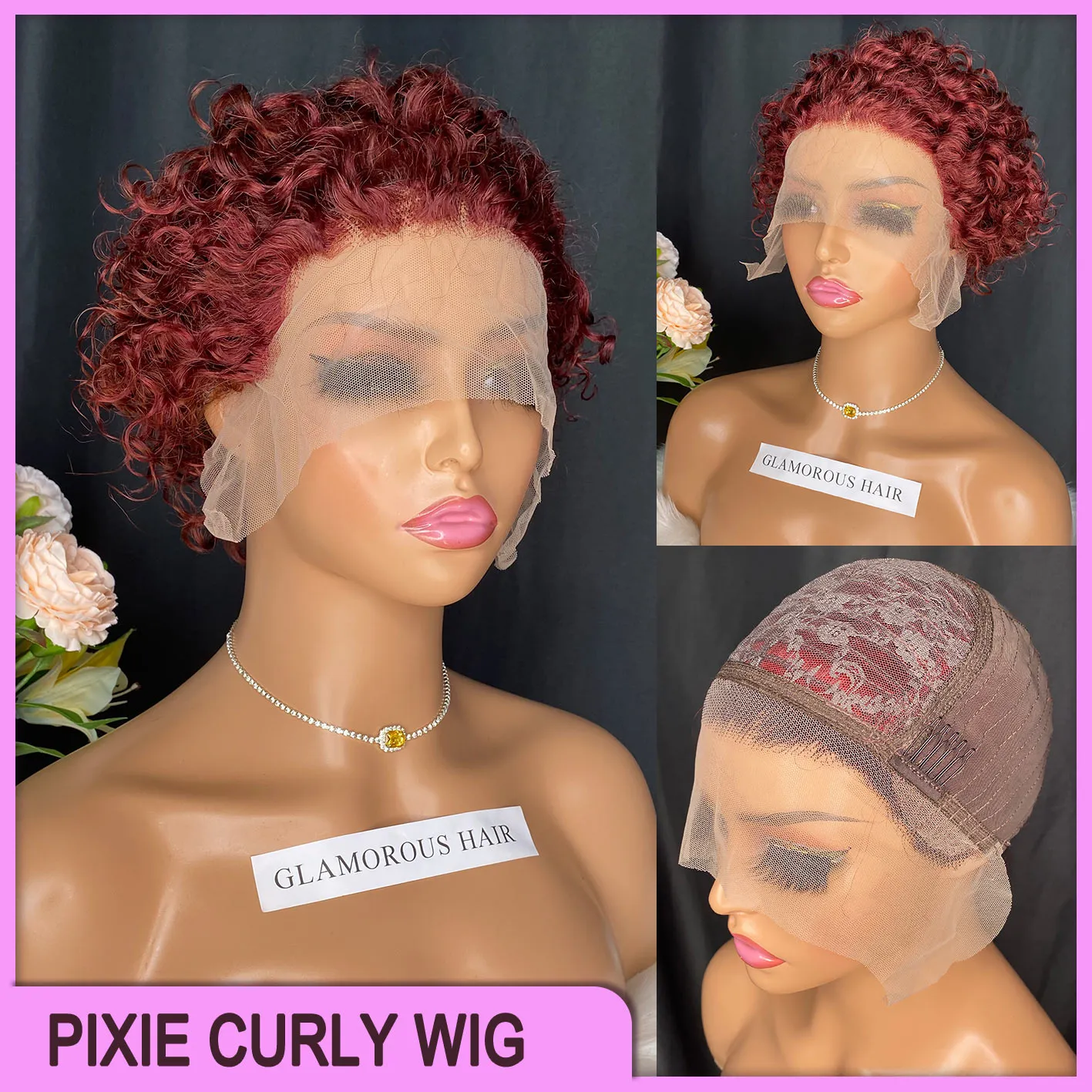 Pixie Curly Cut 13x1 Korte Wig Maleisische Peruaanse Indiase Braziliaans Dark Red 100% Raw Virgin Remy Human Hair P8