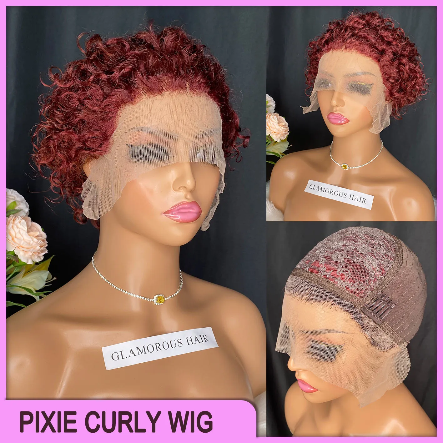 Pixie Curly Cut 13x1 짧은 가발 말레이시아 페루 인디언 인디언 브라질 어두운 빨간색 100% Raw Virgin Remy Human Hair P8