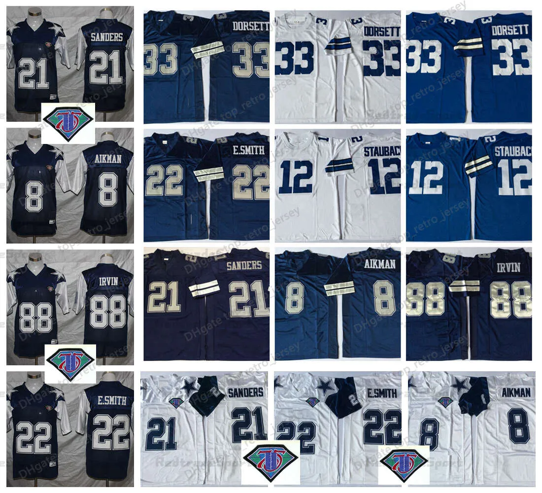 Vintage 75th 8 Troy Aikman 21 Deion Sanders Football Jerseys 12 Roger Staubach 22 Emmitt Smith 33 Tony Dorsett 88 Michael Irvin Thanksgiving Shirts