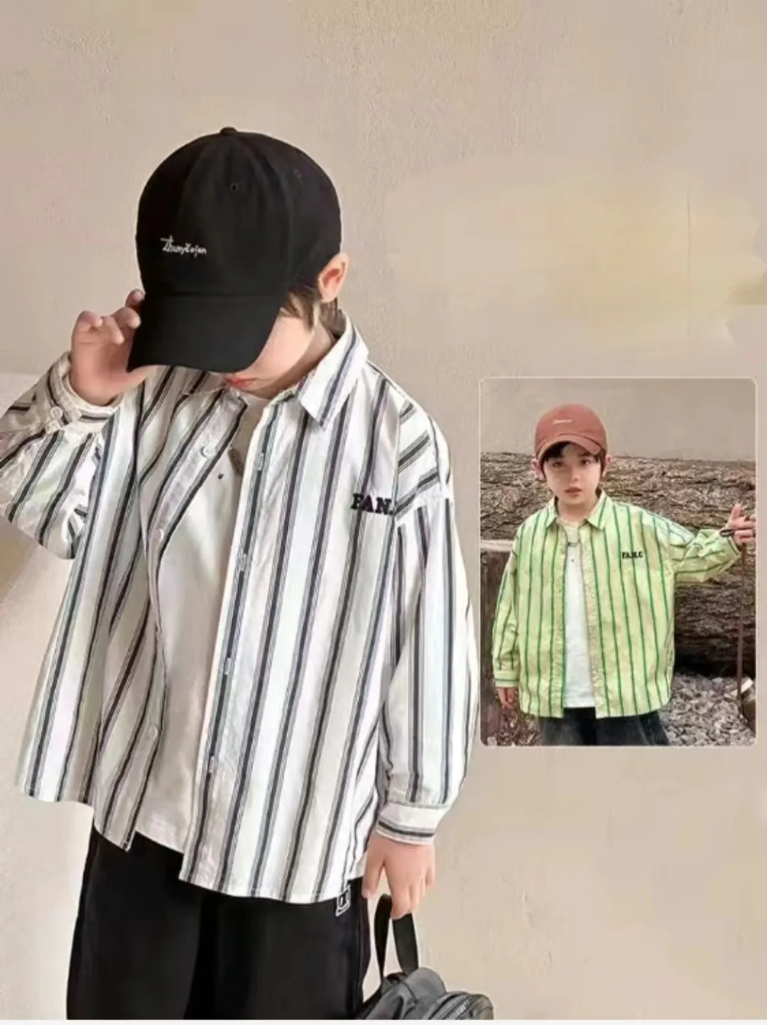 Boys 'Spring Fashion Antique Borde Stripe Shirt Spring en Autumn Children's Spring Thin Shirt Coat Middle School Studenten