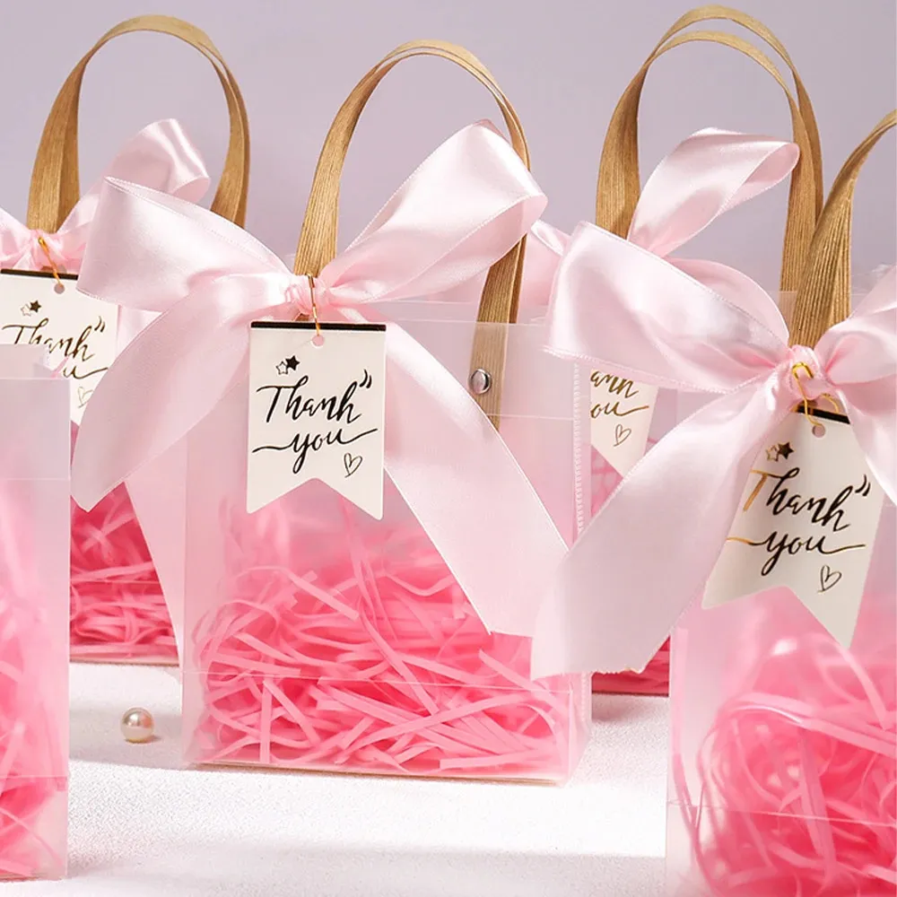 10st Clear PVC presentpåsar med rosa bandplastplast på väskan för inpackning av semestergåvor shopping födelsedagsmaterial 240427