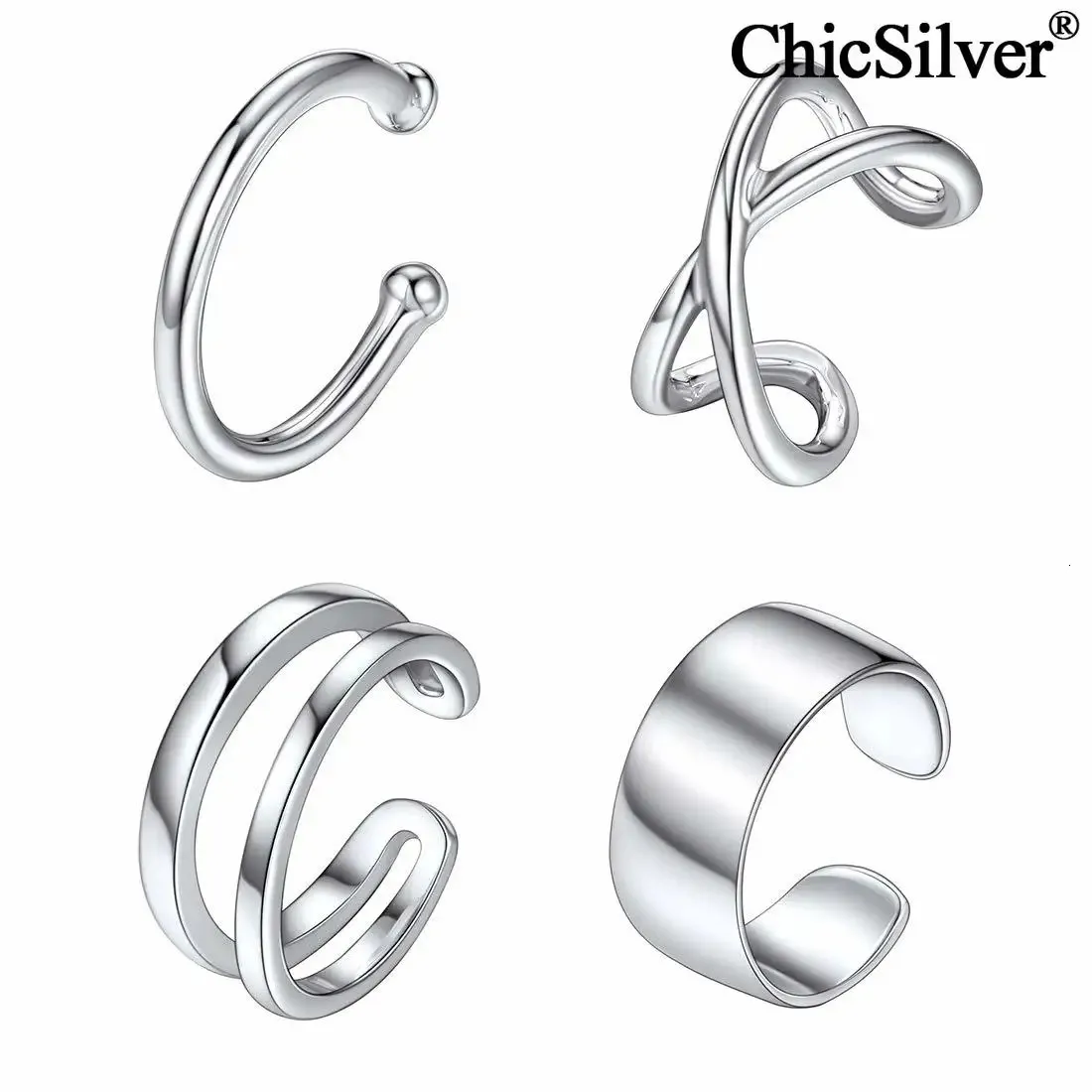 4 st 925 Sterling Silver Criss Cross Ear Cuff Inga genomborrade enkla örhängen Set Helix Brosk öronpresent till kvinnor 240516