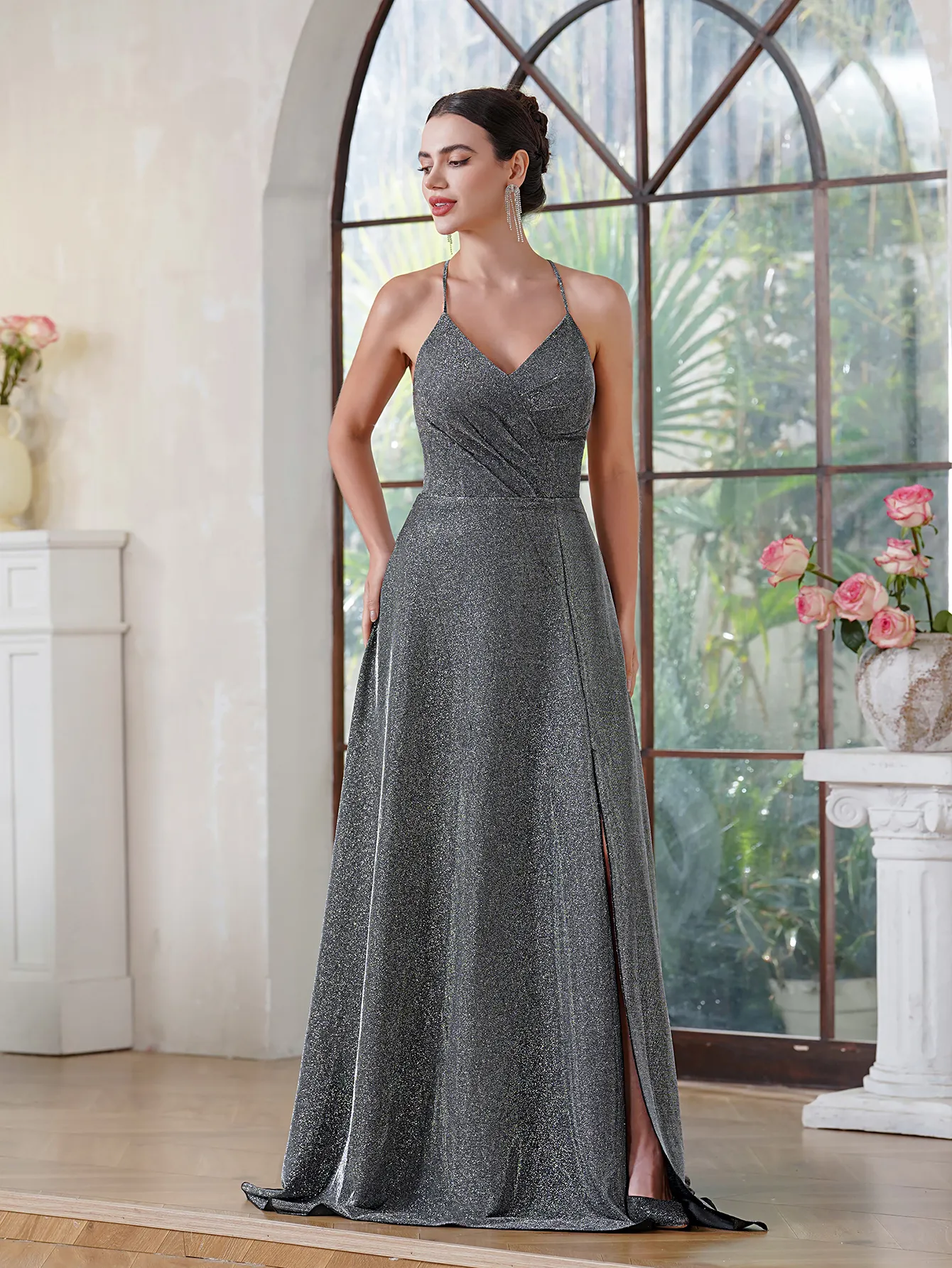 blue dress for baby girl Gray Sequins V-Neck Long Mermaid Bridesmaid Dresses main image 1