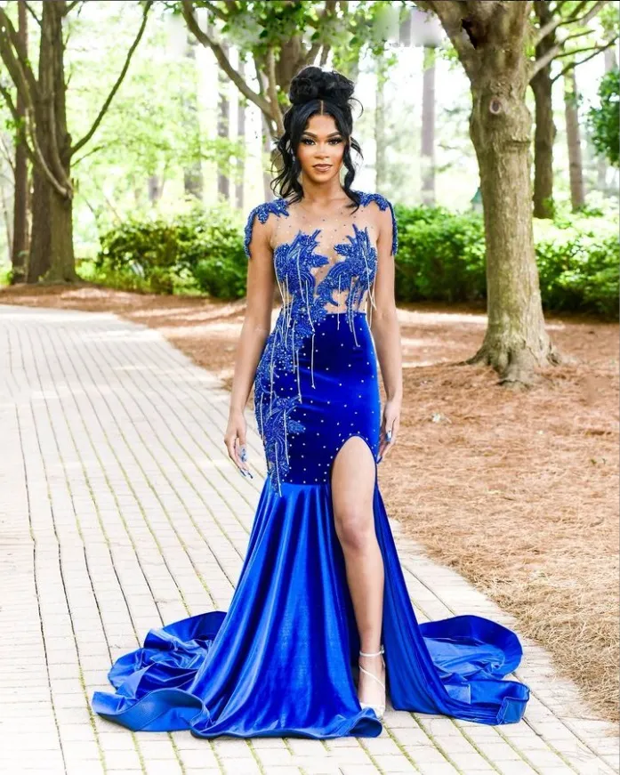 Blue Crystal Beaded Mermaid Cobalt Blue Prom Dress With Side Split For Girls Graduation Birthday And Party In Black From Missweddingdress 212.3 DHgate.Com