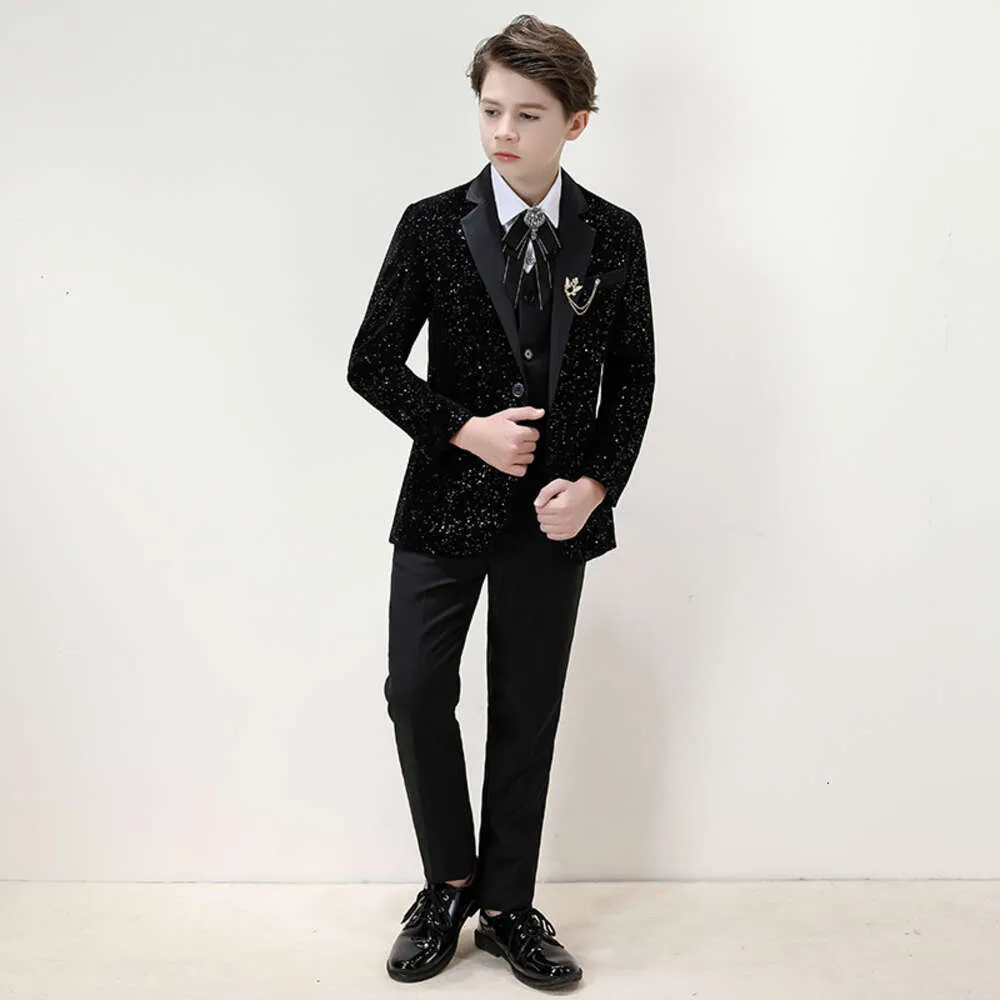 Birthday Wedding Tuxedo Dress Flower Boys Plaid Photography Suit Kids Black Jacket Vest Pant Evening Party Costume Prince