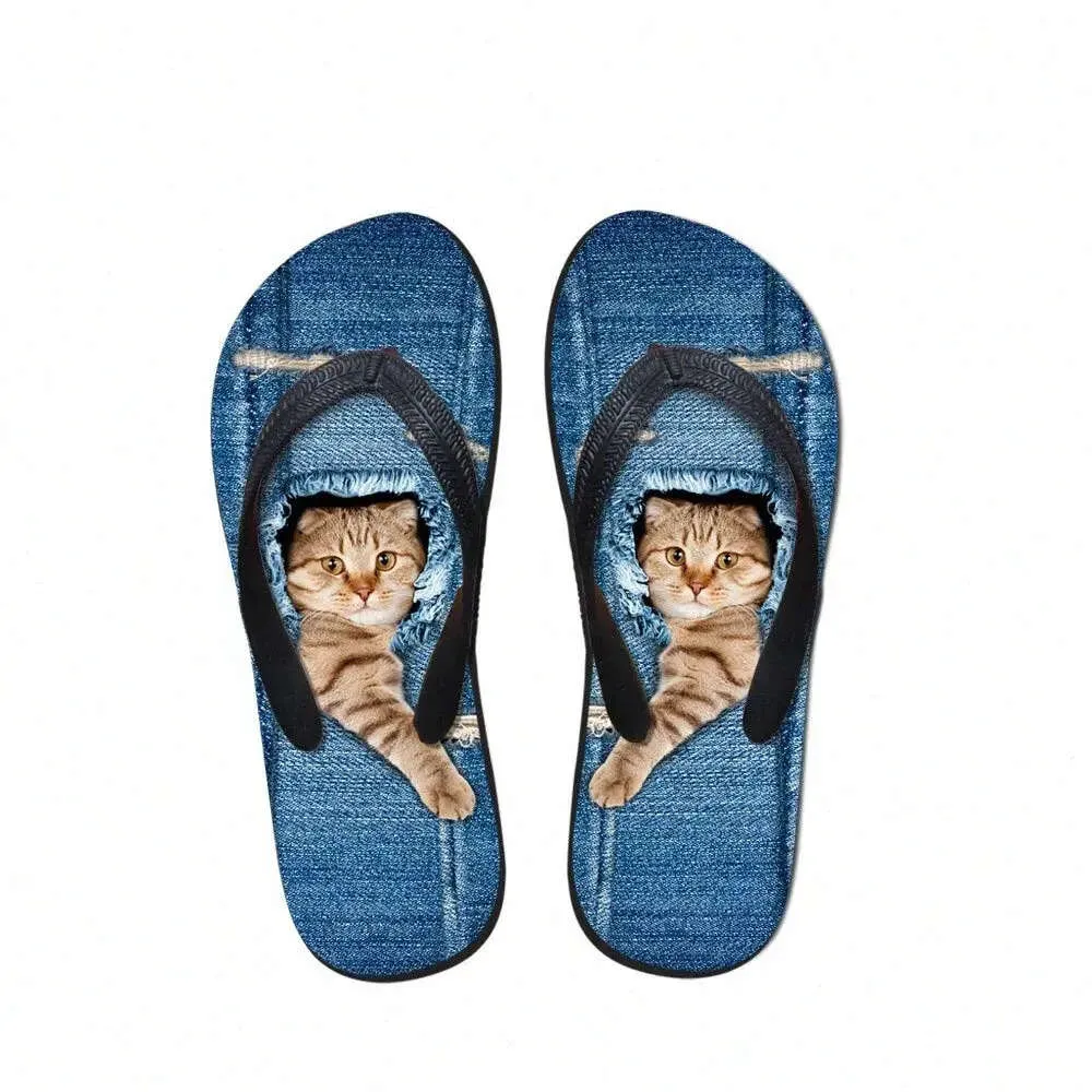 Huisdier op maat gemaakte schattige denim kat geprinte dames slippers zomer strand rubber slippers mode meisjes cowboy blauwe sandalen schoenen 43SI# AF78
