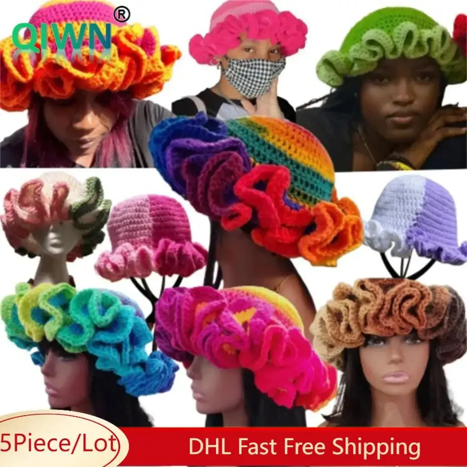 5Pcs Bulk Knitted Bucket Hats Plush Warm Winter Crochet Beanies for Women Men