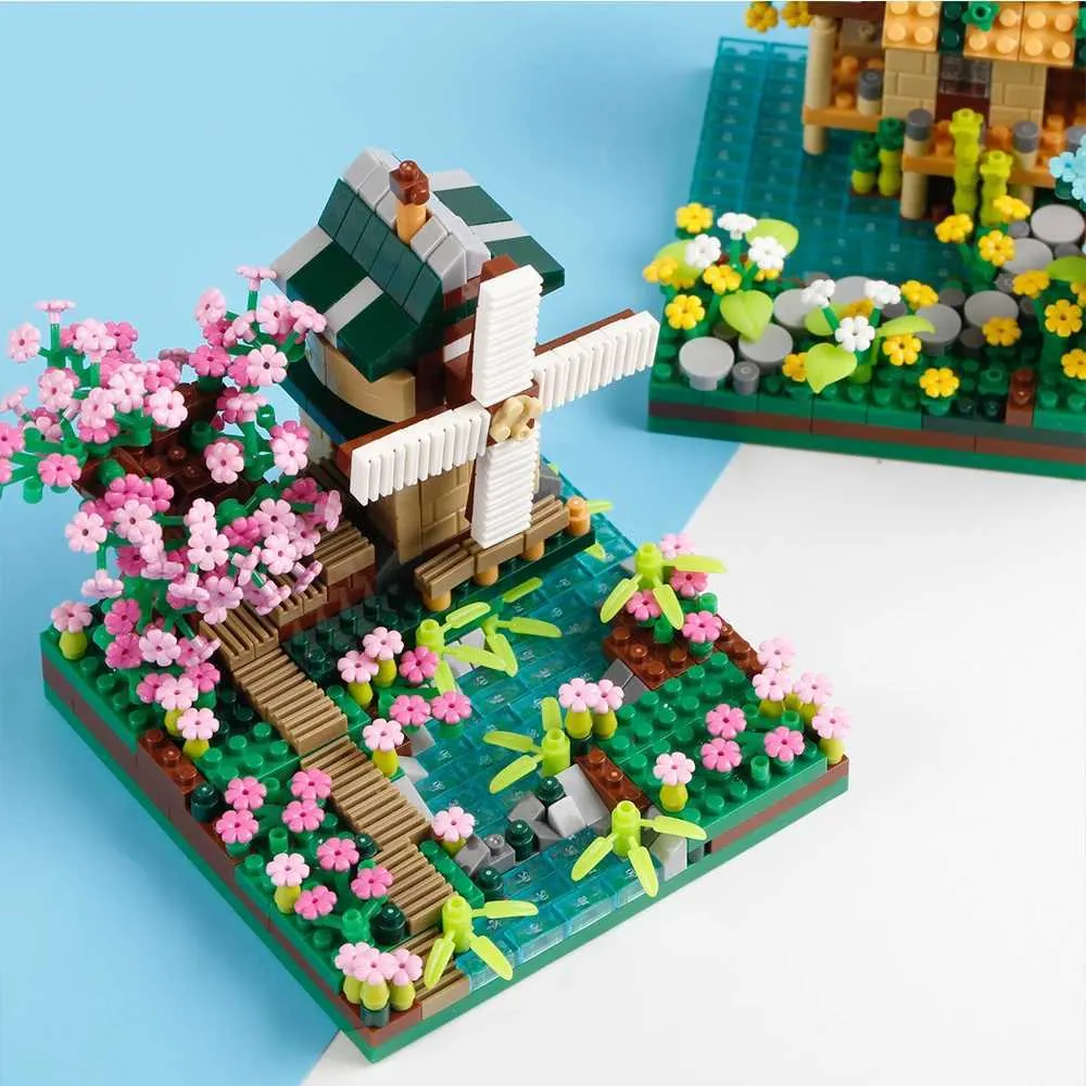 Bloki cztery sezony Micro cegły Widok ulicy Sakura Windmill Building Block Fishermans Zespół drzewa kabiny Cegła Childowe zabawki WX