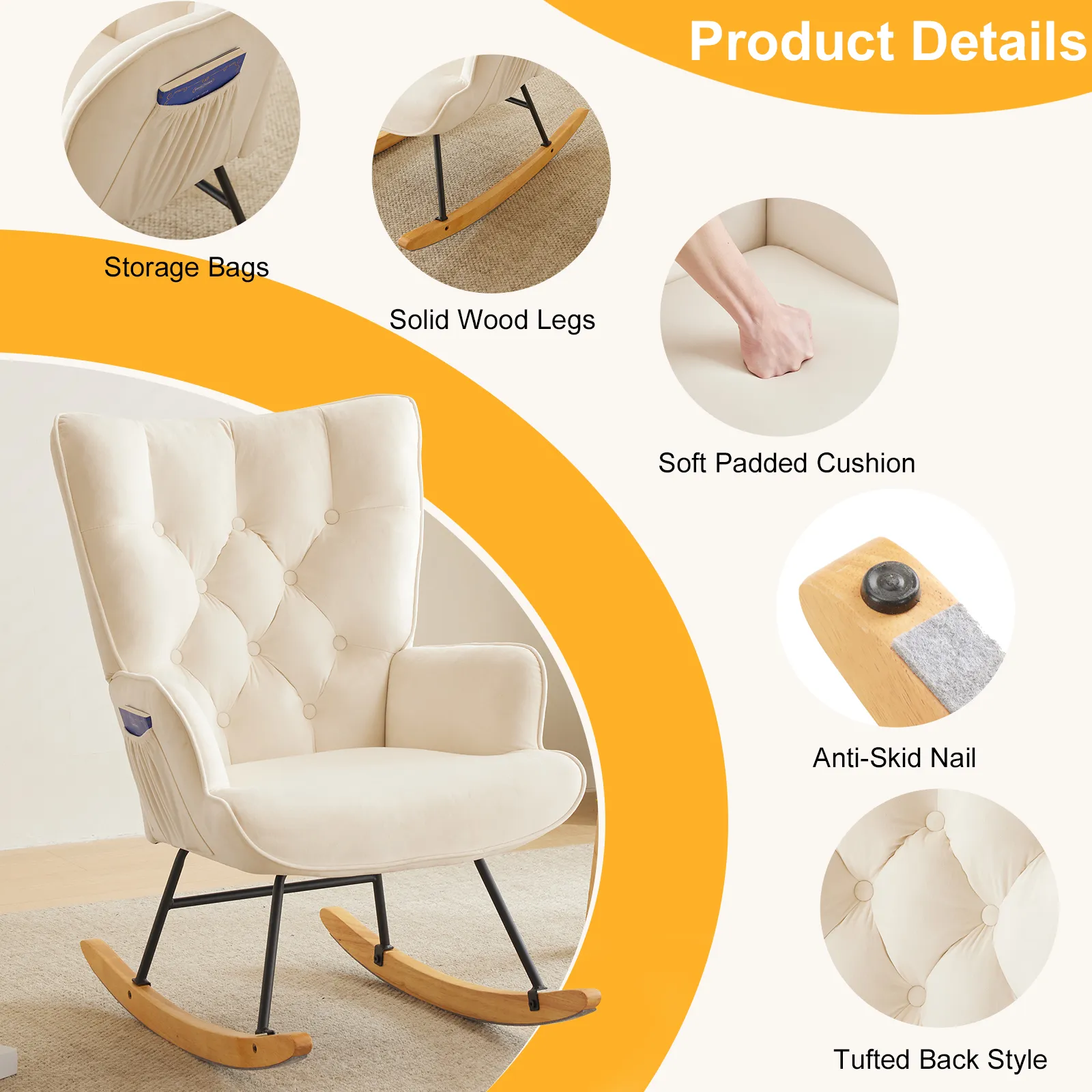 NIOIIKIT Nursery Rocking Chair Teddy Fabric Upholstered Glider Rocker Rocking Accent Chair Padded Seat With High Backrest Armchair Comfy
