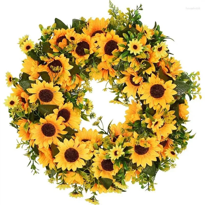 Decorative Flowers Artificial Sunflower Summer Wreath-16 Inch Fake Flower Wreath With Yellow And Green Leaves For Front Door I