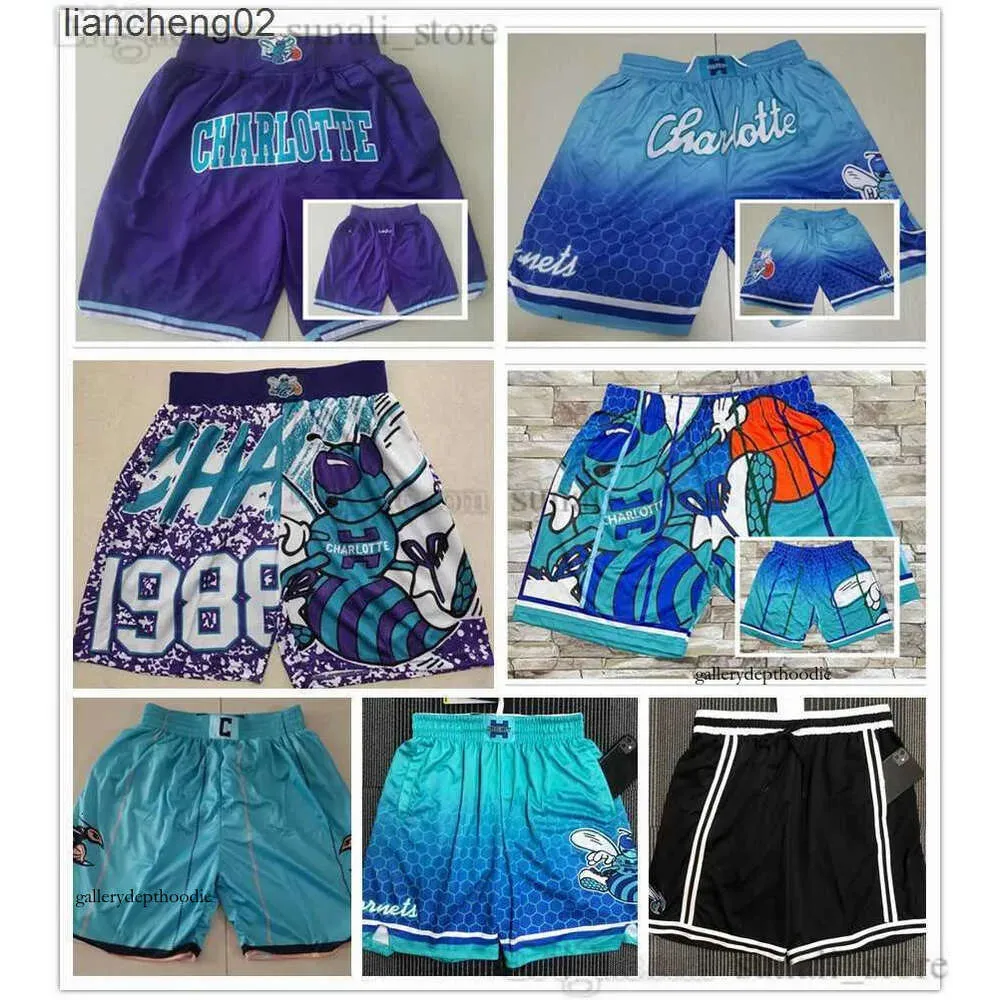 2024 shorts masculinos 2022 Charlotte''hornets'men Basquete retrô com bolsos calças de moletom de zíper Larry Johnson Alonzo Mourning S