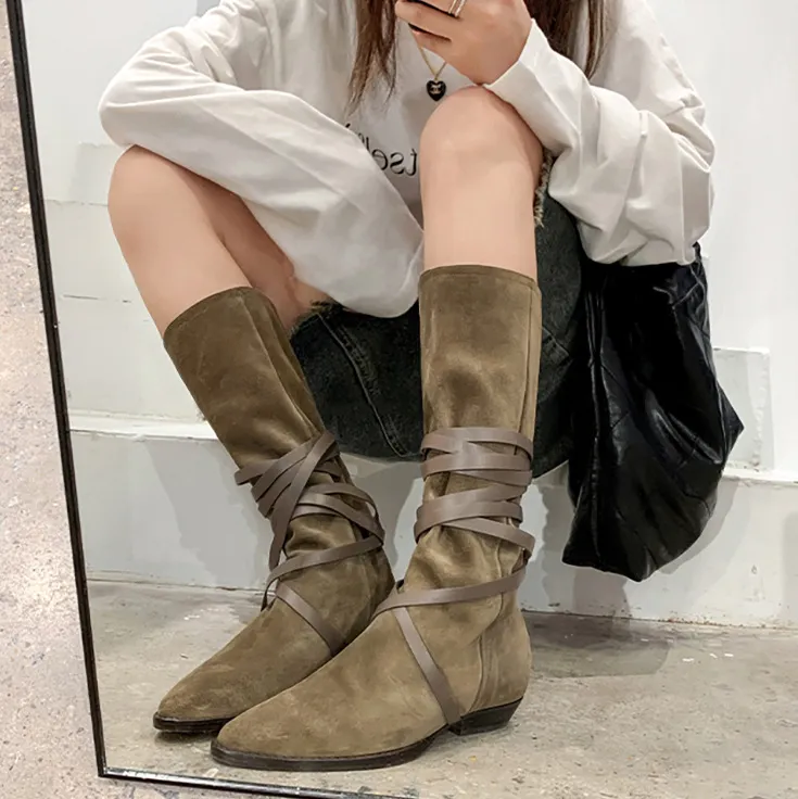 Women soft Retro straps boots fashion shoes IS-M Siane suede heeled knee-high boot flat Booties winter luxury designer wedding dress pumps 35-40