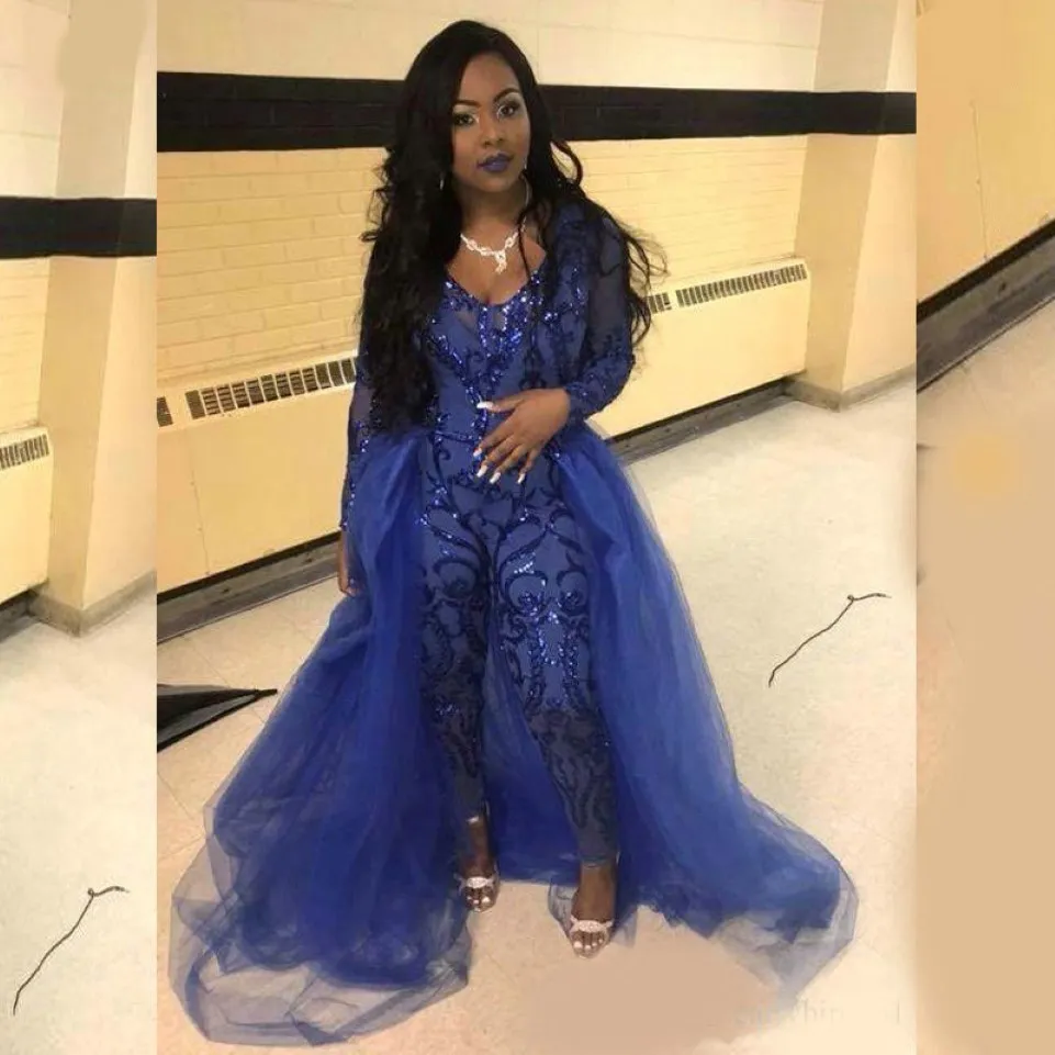 Royal Blue Jumpsuit Prom -Kleider mit Überwachungen gegen Nacken Langarmabend Abendkleider plus Größe Afrikanische Festzug Hosen 287s