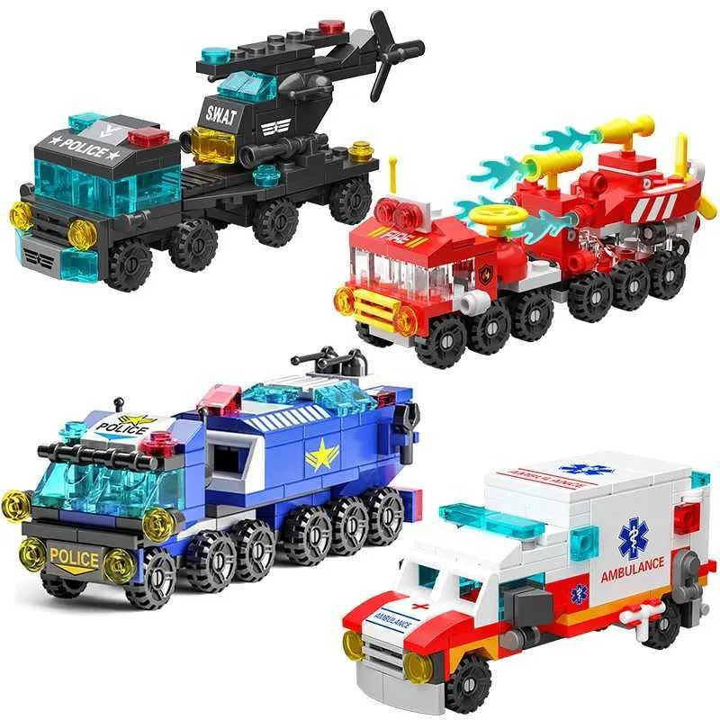 Andere speelgoedbouwsteen 6in1 Politie Truck City Fire Truck Helicopter Tank Engineering Crane Block Kit Childrens Toy Building Block S245163 S245163