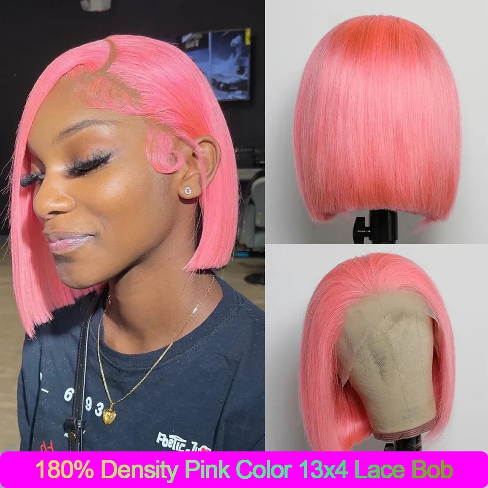 2024 Pixie Cut Wig Pink Human Hair Straight Lace Front Short Bob Wig