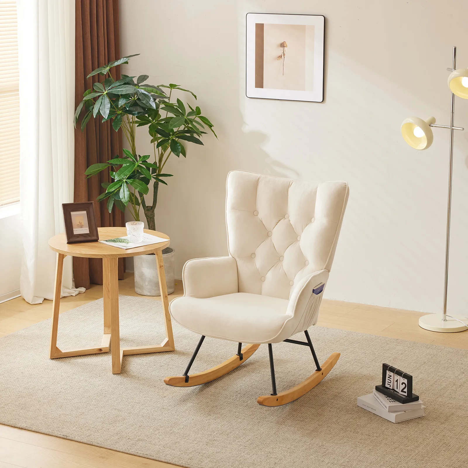 NIOIIKIT Nursery Rocking Chair Teddy Fabric Upholstered Glider Rocker Rocking Accent Chair Padded Seat With High Backrest Armchair Comfy