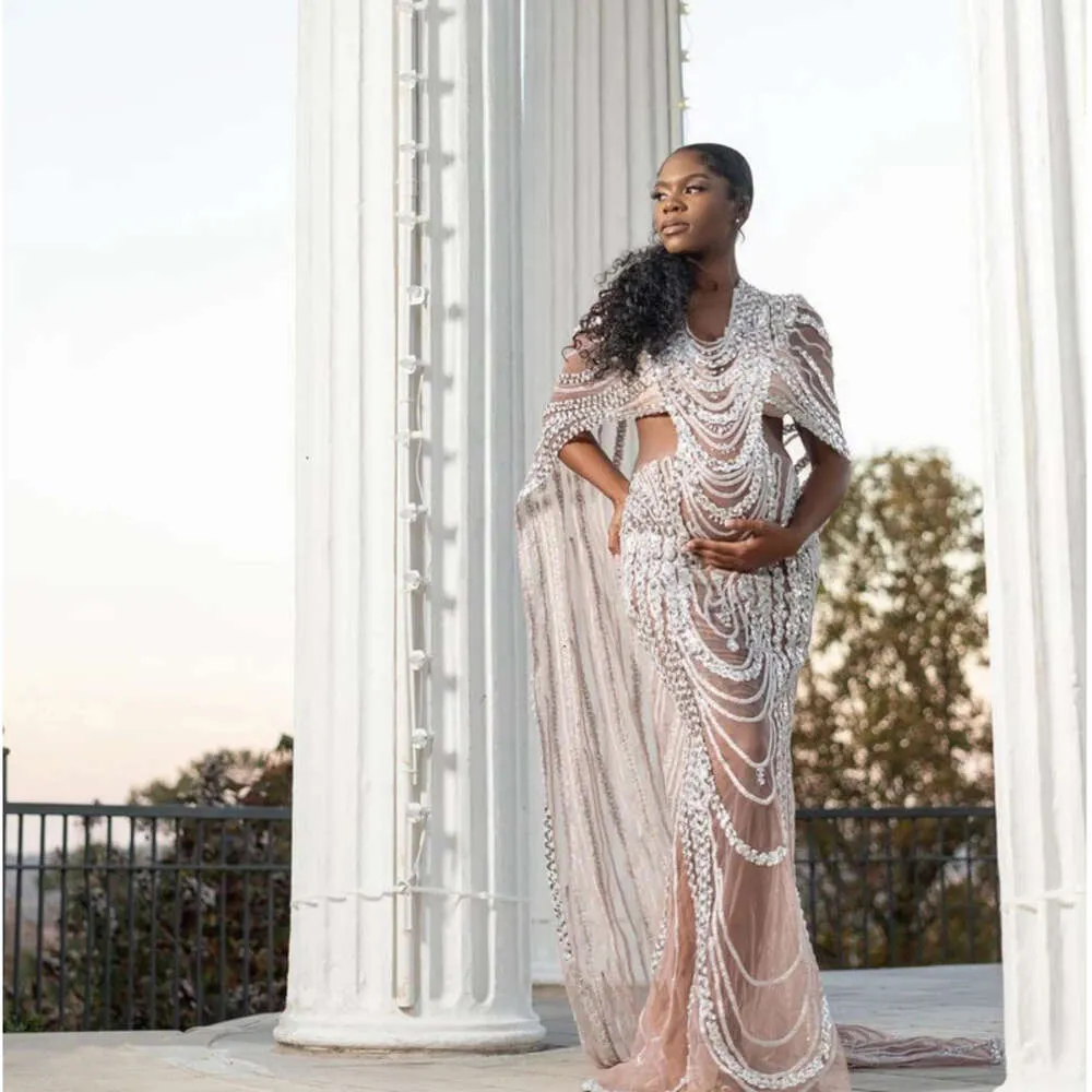 Shimmering Maternity Goddess Dress Luxurious Sequined Cape Gown for Photoshoots