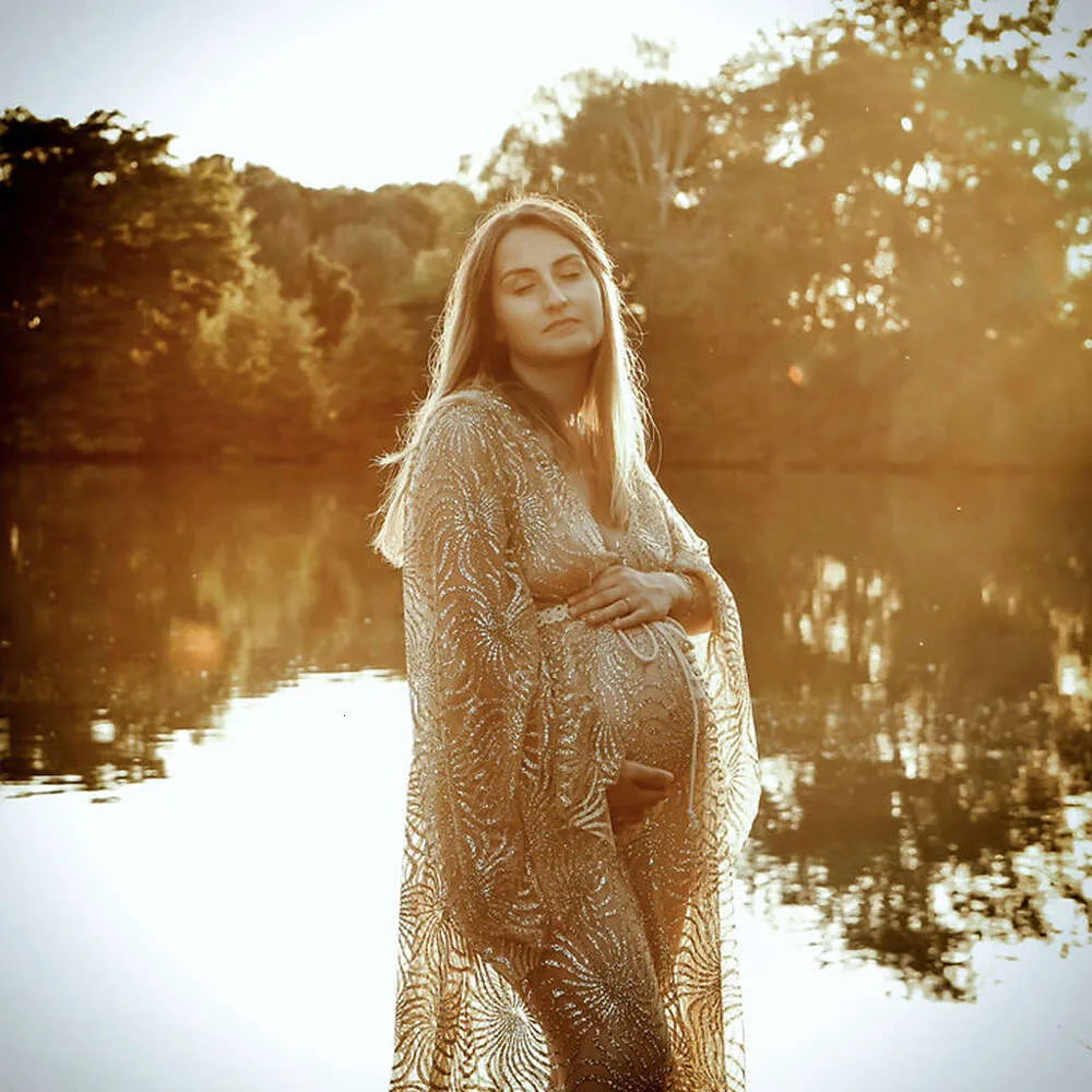 Moderskapsfotografering klänning guld lysande pulvernät långärmad v-ringad klänning gravida kvinnor fotografering prop