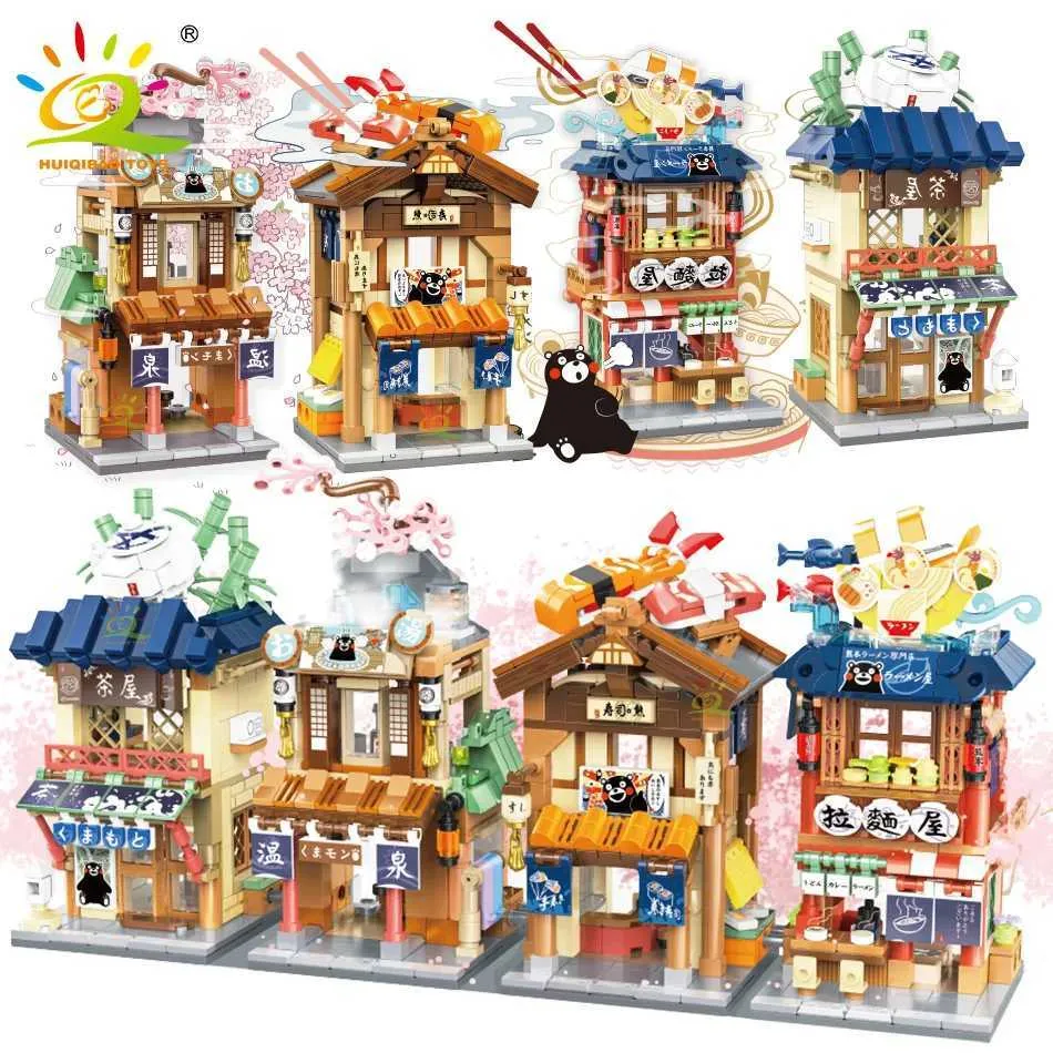 Blokkeert Huiqibao City Mini Japans Street View Noodle House Model Bouwsteen Diy Hot Spring Sushi Shop Building Block Childrens Toys WX