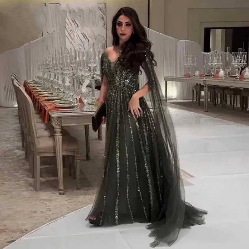 Army Green Shinning Evening Dress 2024 Cap Sleeves V Neck Sequins Beads  Pleats Tulle Prom Formal Dresses Party Gowns Arabic Dubai Robe De Soiree  Customed From Donnaweddingdress17, $132.61 | DHgate.Com