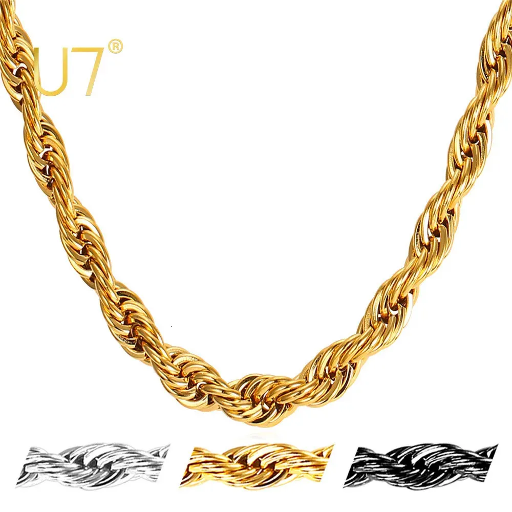 U7 Tjockt rostfritt stål Twisted Rope Chain Necklace For Men Gold Color Hippie Rock Chain Choker 18-30 Classic Hip Hop Jewelry 240508