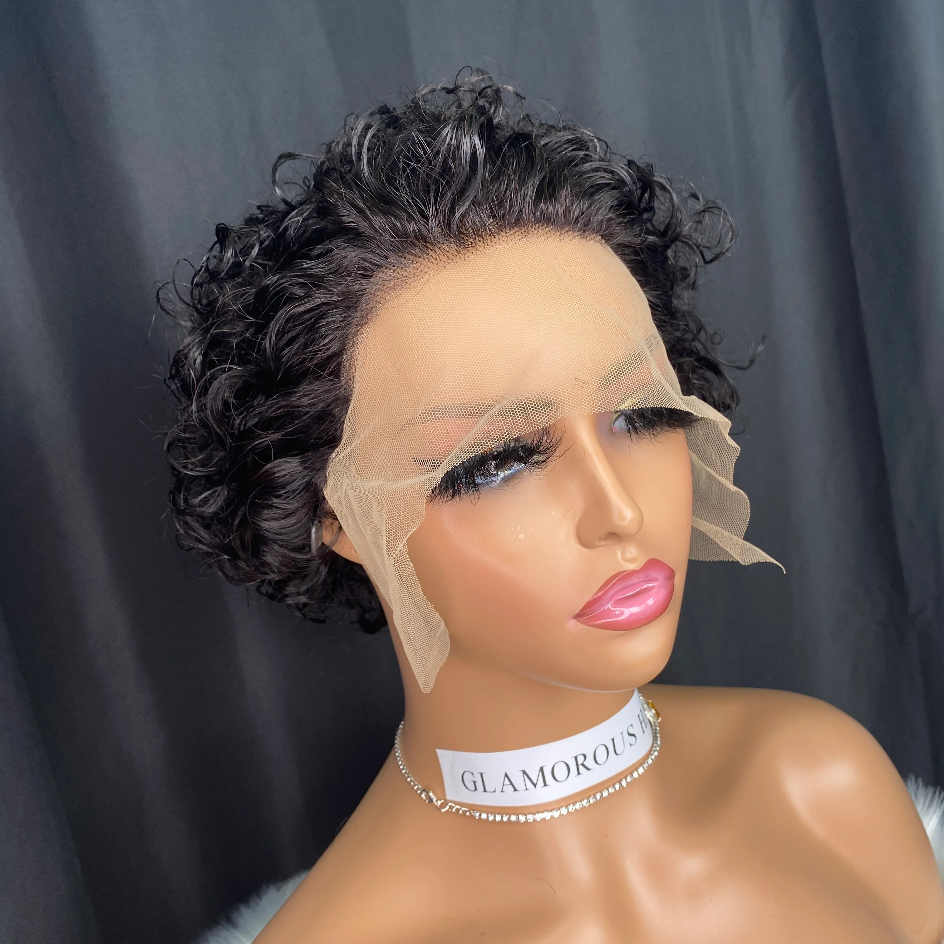 Natural Black 13x1 Lace Front Short Pixie Curly Wig 6 in 