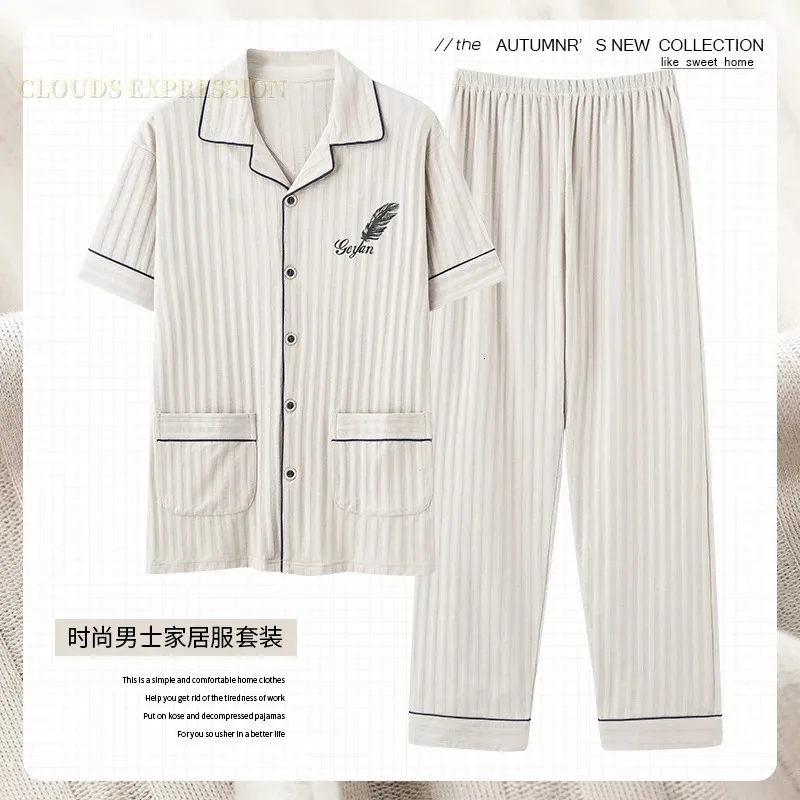 L-5XL zomer elegante pyjama's knit katoenen heren pyjama's sets lange broek slaapkleding pyjama's nacht pijama's plus size homewear pj 240516