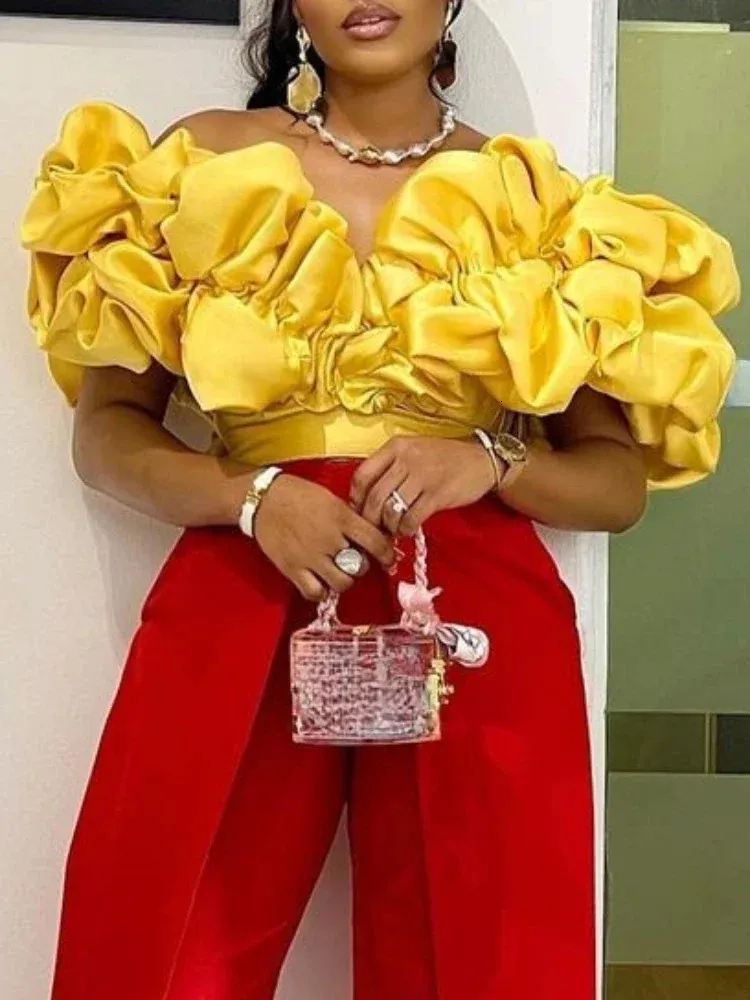 Women Blouse Tops Shirt Short Sleeve Ruffle Off Shoulder Elegant