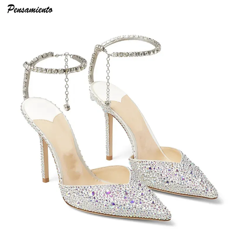 Lyxiga strassfest paljetter med ankelband Kvinnor Pumpar Elegant stilett High Heels Spring Summer Fashion Crystal Wedding Prom Shoes 240511