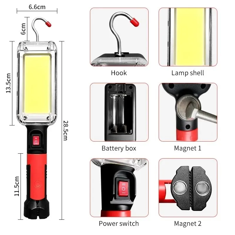 USB Cobワークライト、ポータブルLED懐中電灯、18650調整可能、2つのモード、防水、磁気設計、キャンプライト、1ピース
