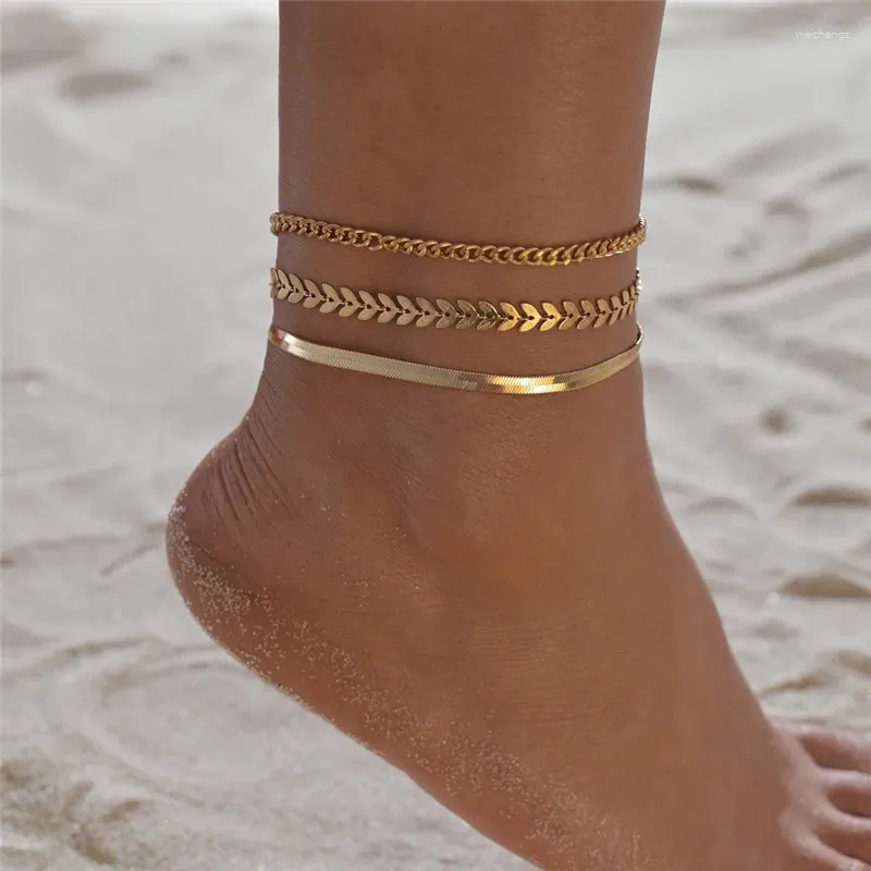 Anklets Sunu 3pcs/مجموعة ذهبية الألوان البسيطة للنساء للنساء مجوهرات الساق أساور الكاحل