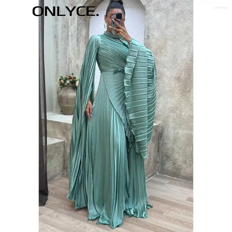knee length dresses for ladies Green Pleated High Neck Long Sleeve Gown with Slit