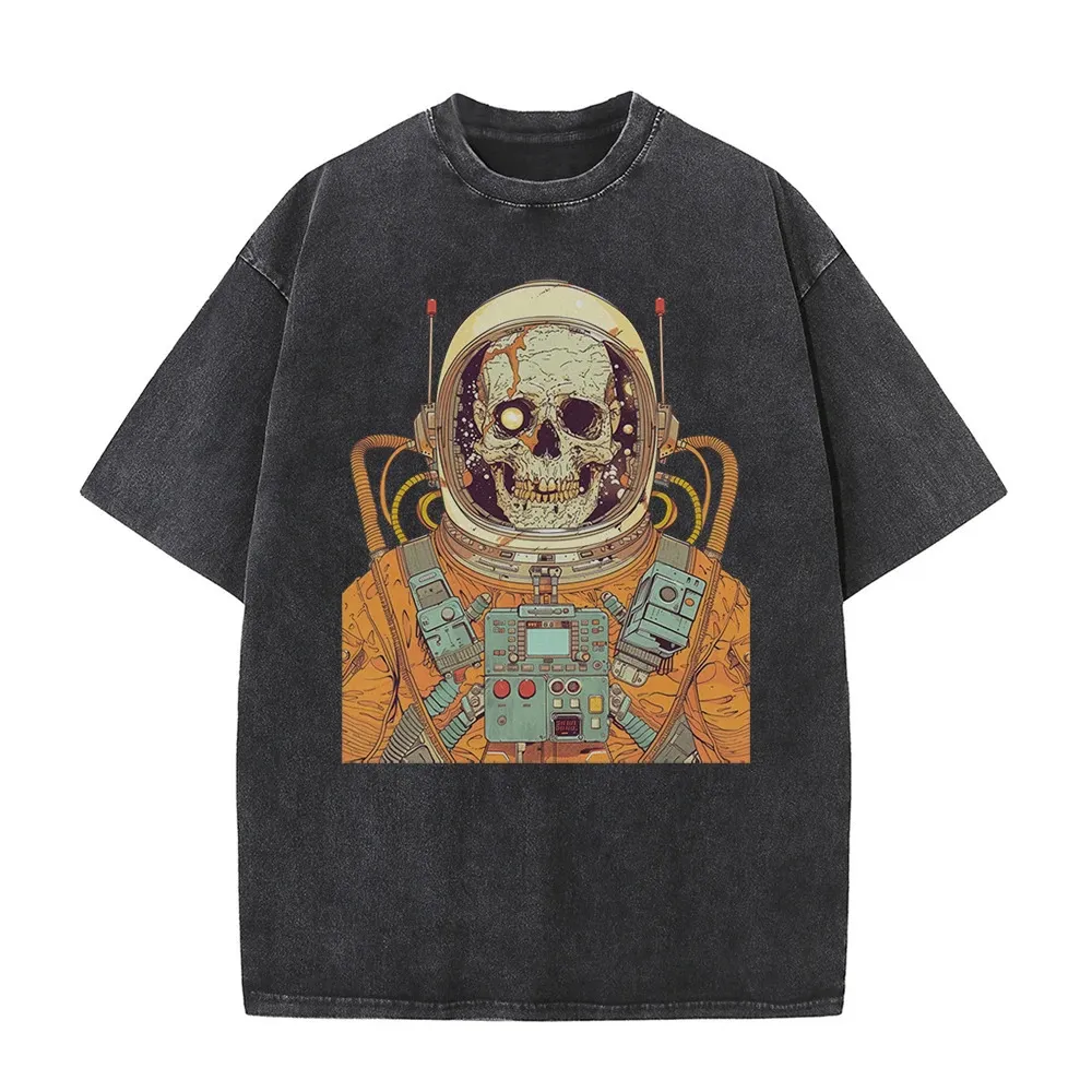 70年代宇宙飛行士スカルグラフィックTシャツレトロサイエンスフィクション絵画プリント特大Tシャツ苦しみ綿メンズトップ240516