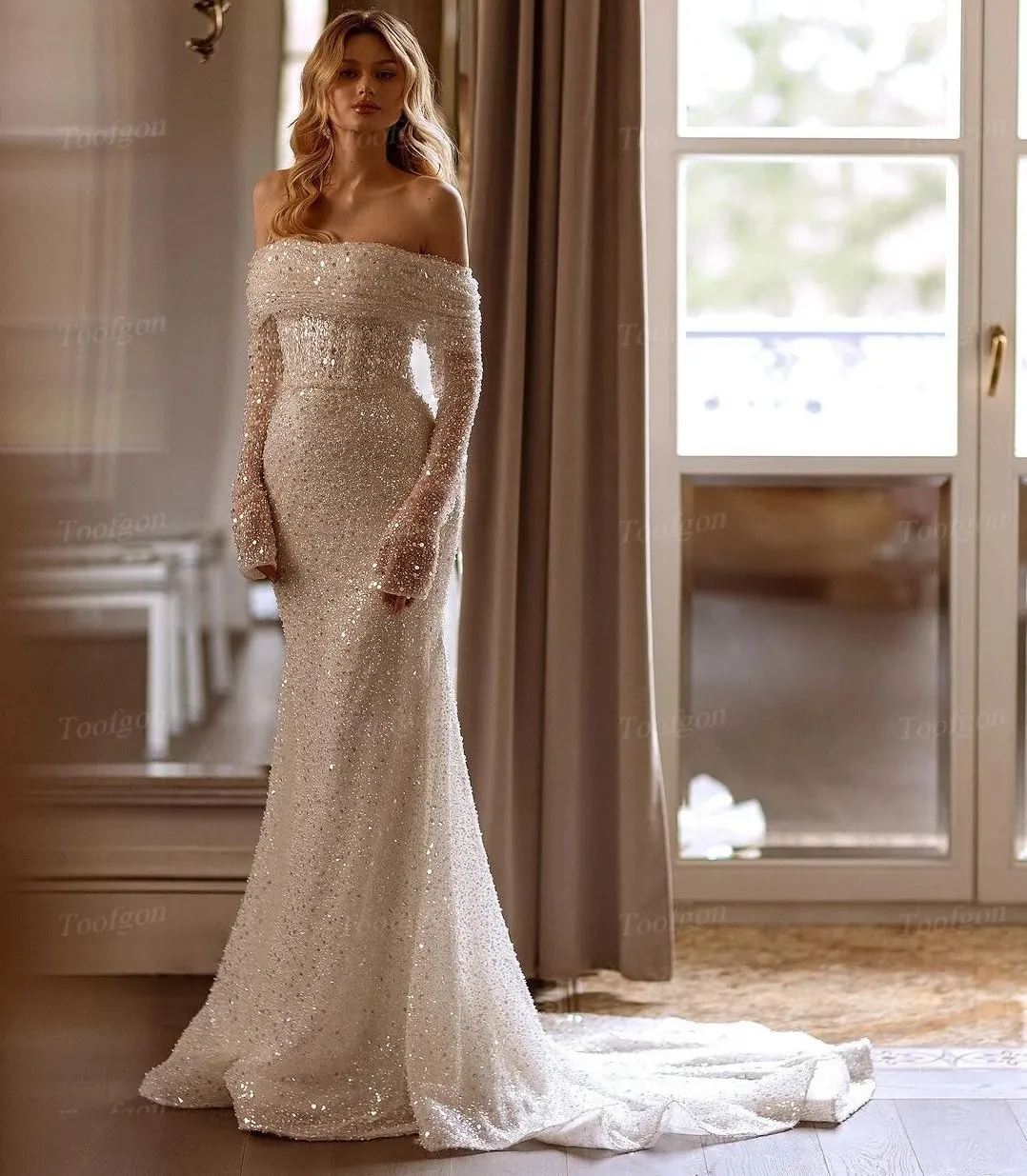 Long sleeve allover sequin mermaid gown hot sale