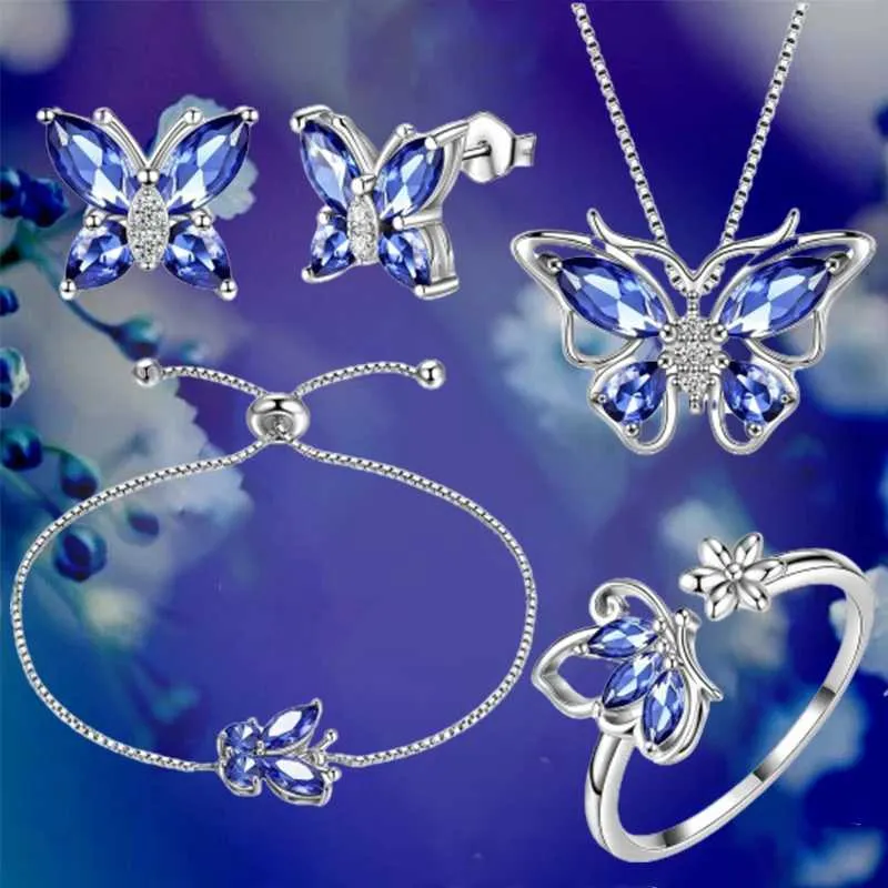20245PCS Silver Butterfly Jewelry Sets for Women Exquisite Cubic Zirconia Birthstone Pendant Necklace Earring Ring Bracelets Gift Box Set
