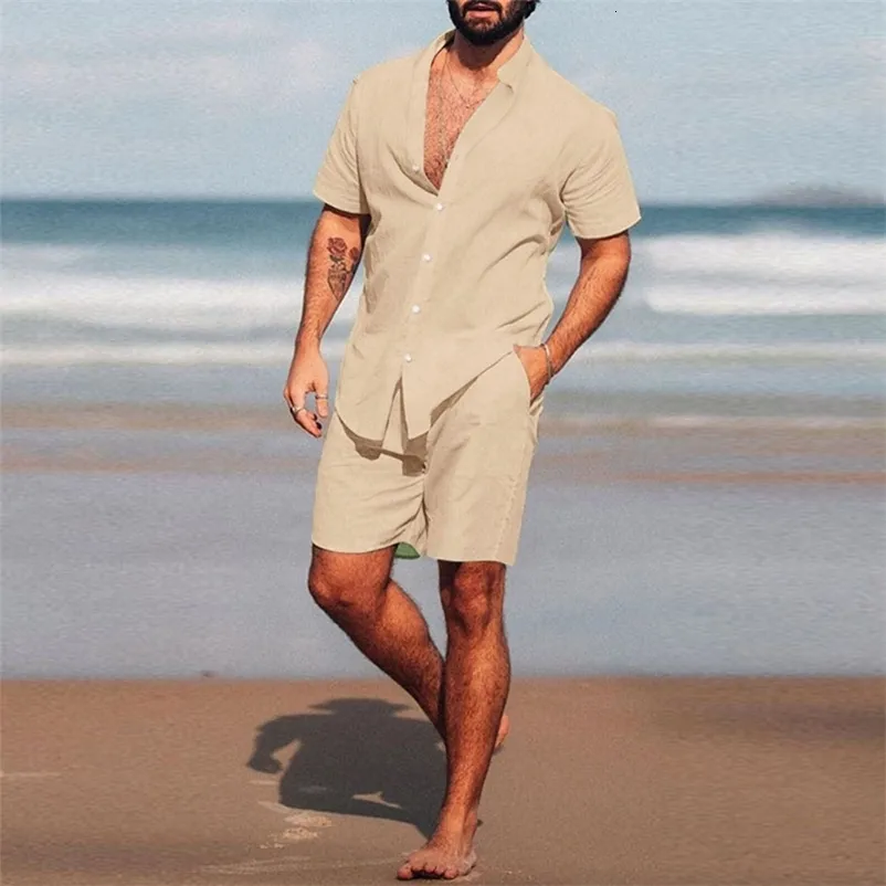Men's 2-Piece Beach Outfit: Comfy Stand Collar Shirt and Shorts Set for  Summer