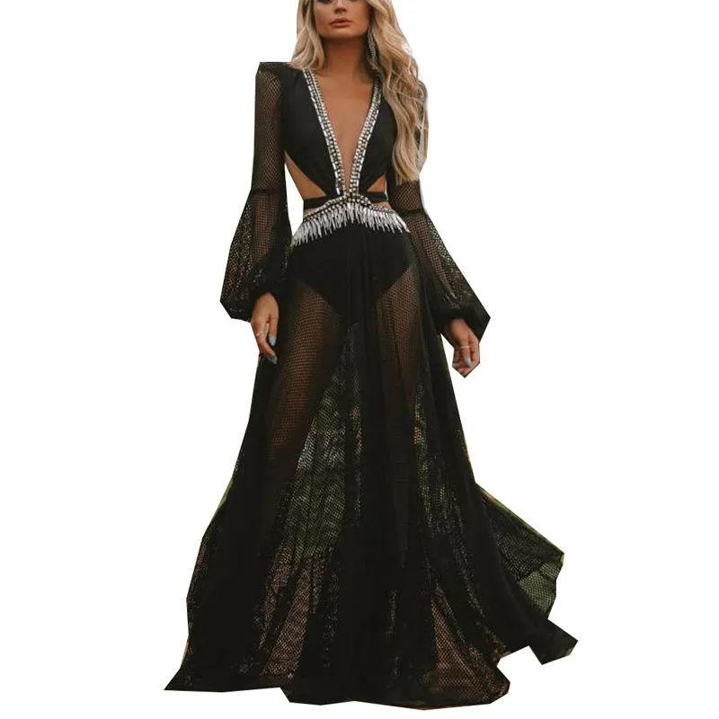 Стильное платье Lady Lace Lace Long Maxi 2024 Летнее женское рукав с фонаря V Вырезанный лоскут Черный вид сквозь большие свинг -платья