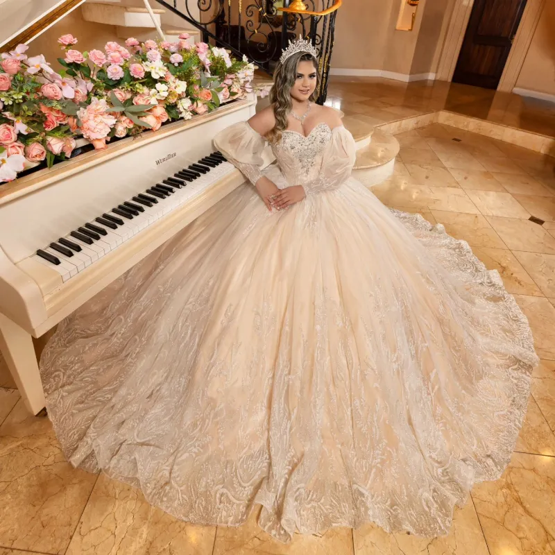 Champagne Off The Shoulder Puff Sleeve Quinceanera Dresses Ball Gown Beading Crystal Tull Corset Sweet 16 Vestidos Para XV Anos