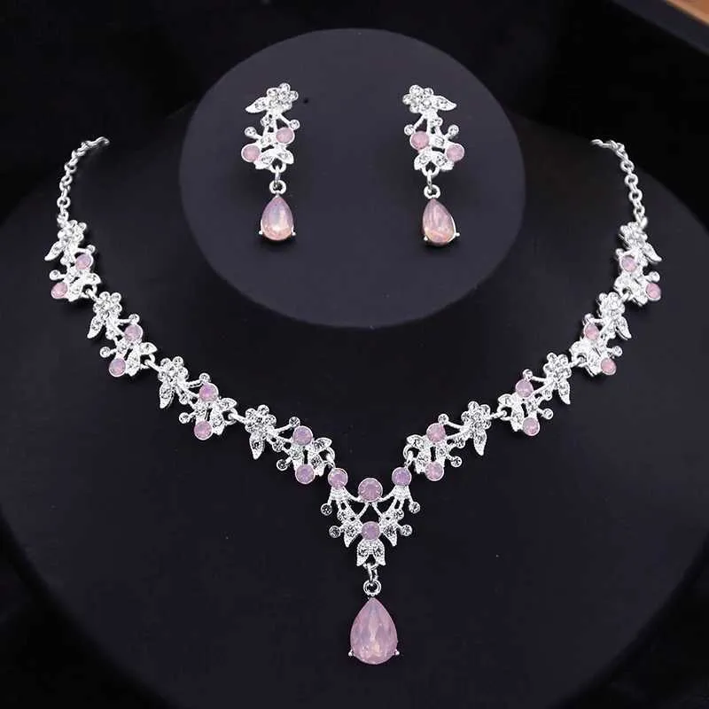 Seasworth Bridal Jewelry Set - Necklace & Dangle Earrings, Silver Plated With Pink/White Crystals, Hypoallergenic